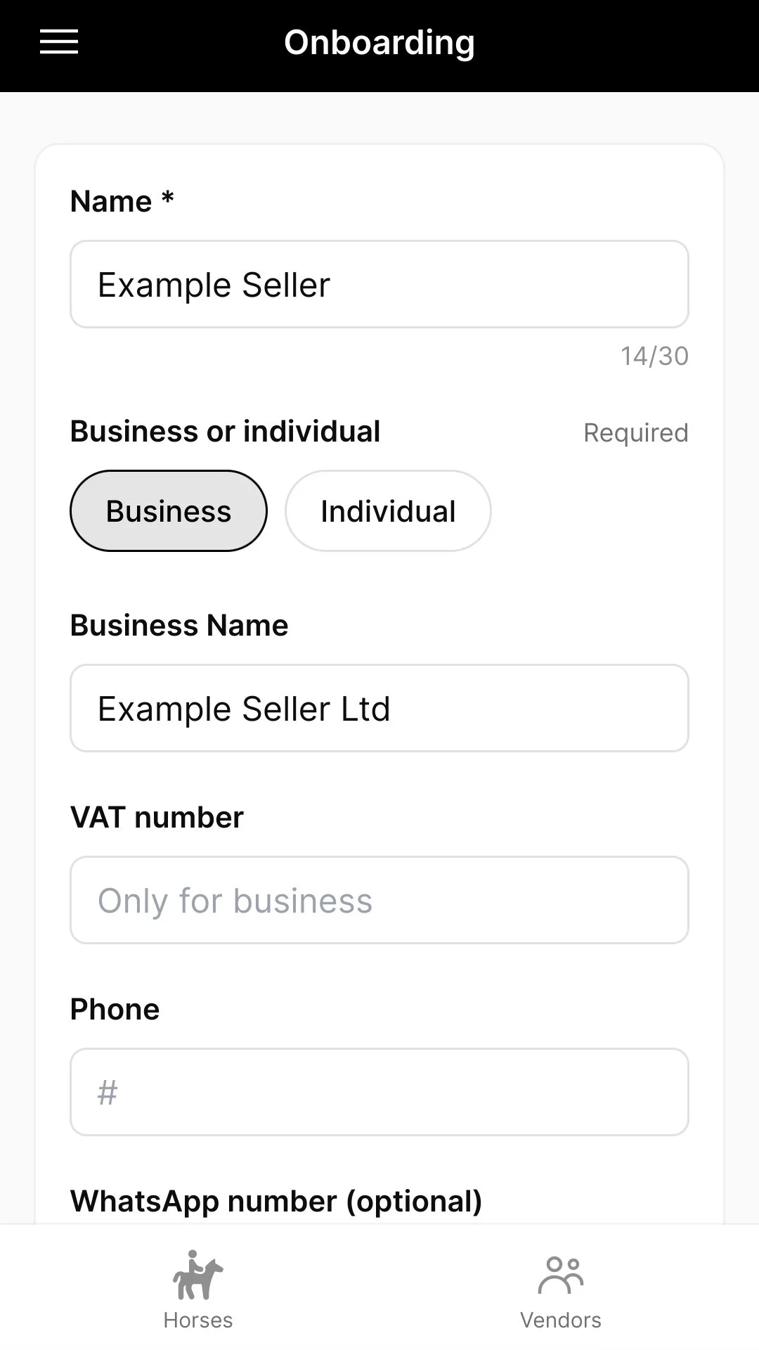 Online business onboarding form with fields for name, business or individual status, business name, VAT number, phone, and WhatsApp number, with navigation icons for horses and vendors.