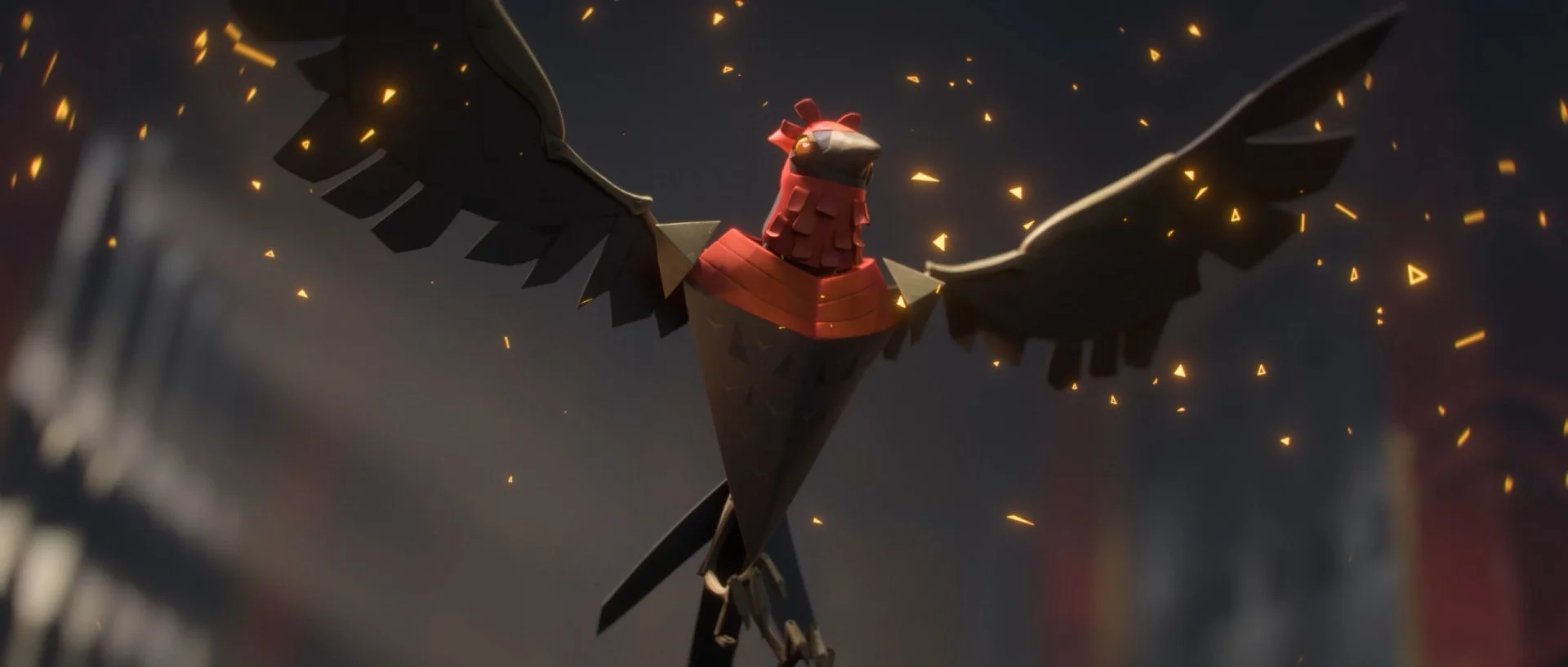 A computer-generated image of a stylized bird with outstretched wings, soaring through the air with sparks and glowing particles around it, set against a dark background.