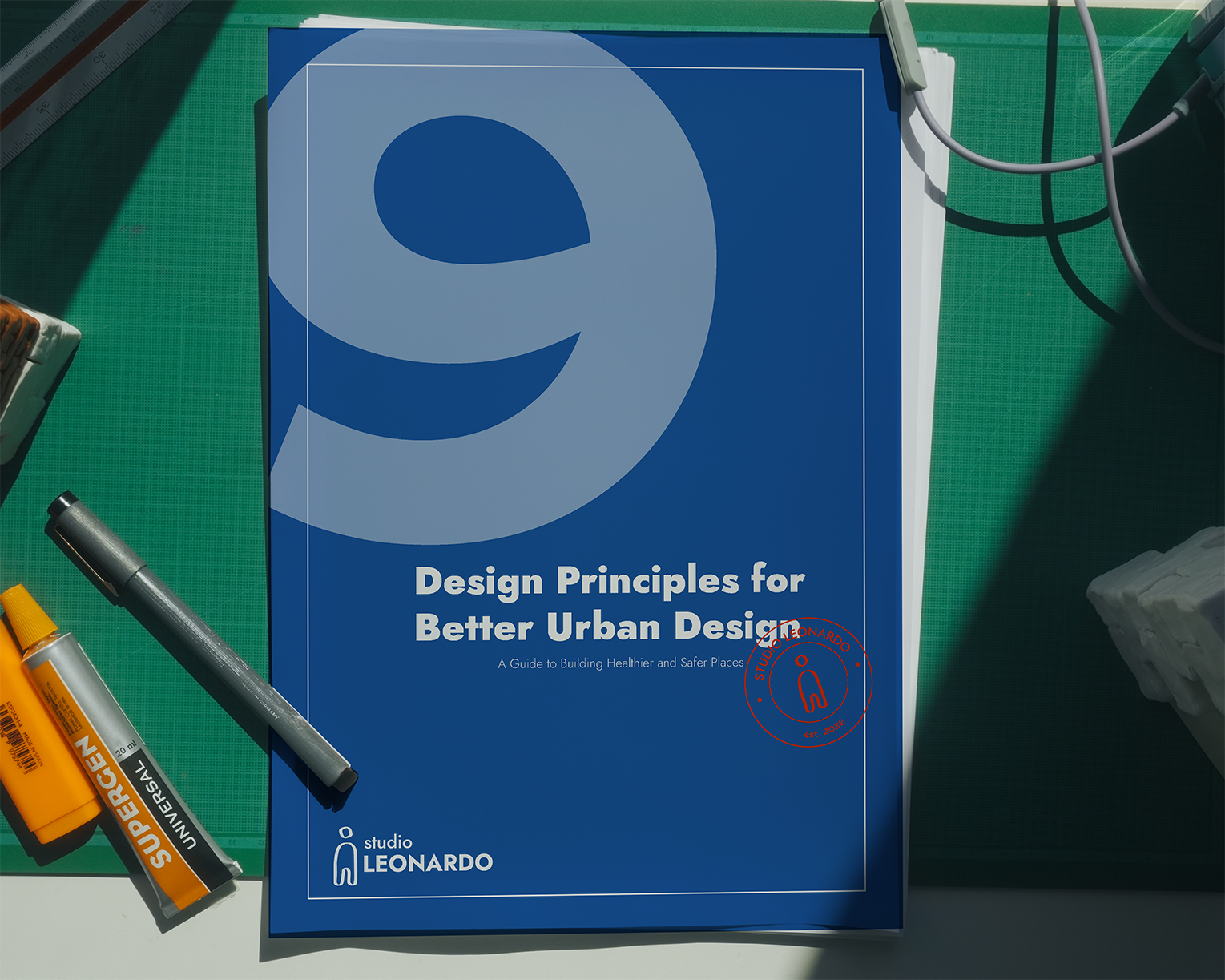 A printed book titled 'Design Principles for Better Urban Design' is on a desk with green and white surfaces. The book has a large blue and white number nine on the cover, and the subtitle reads 'A Guide to Building Healthier and Safer Places.' Around the book, there are office items including a gray marker, an orange highlighter, a ruler, and some cables.