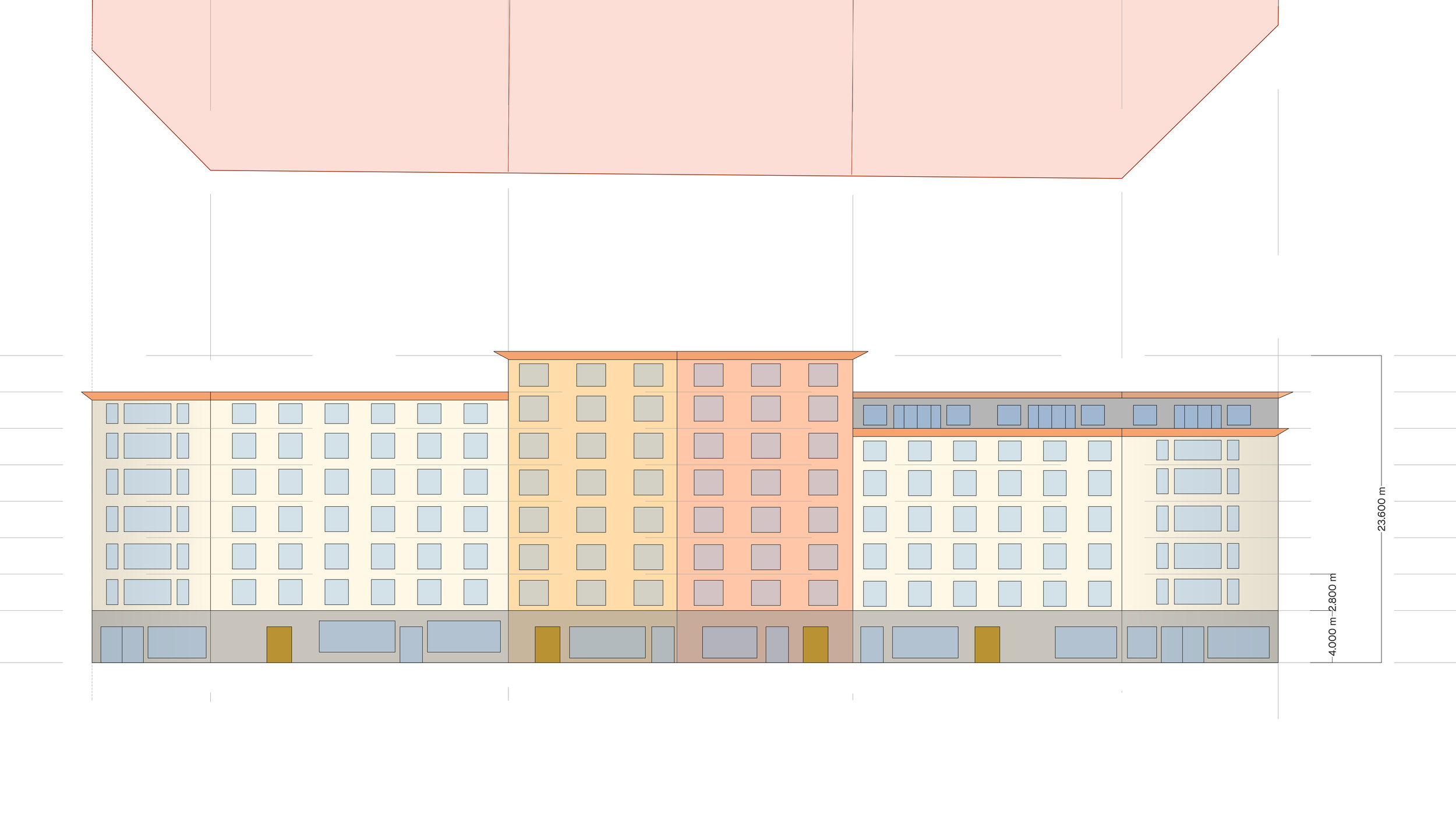 A mock-up of what the octagonal building facades could look like. Breaking up the horizontal facades with varying heights allows for visual diversity and more housing options in the neighborhood.