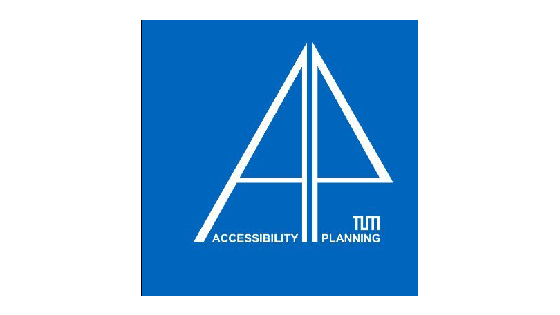 Logo with large stylized letter 'A' in white on a blue background, with 'Accessibility Planning' written below, and small text 'TUM' to the right.