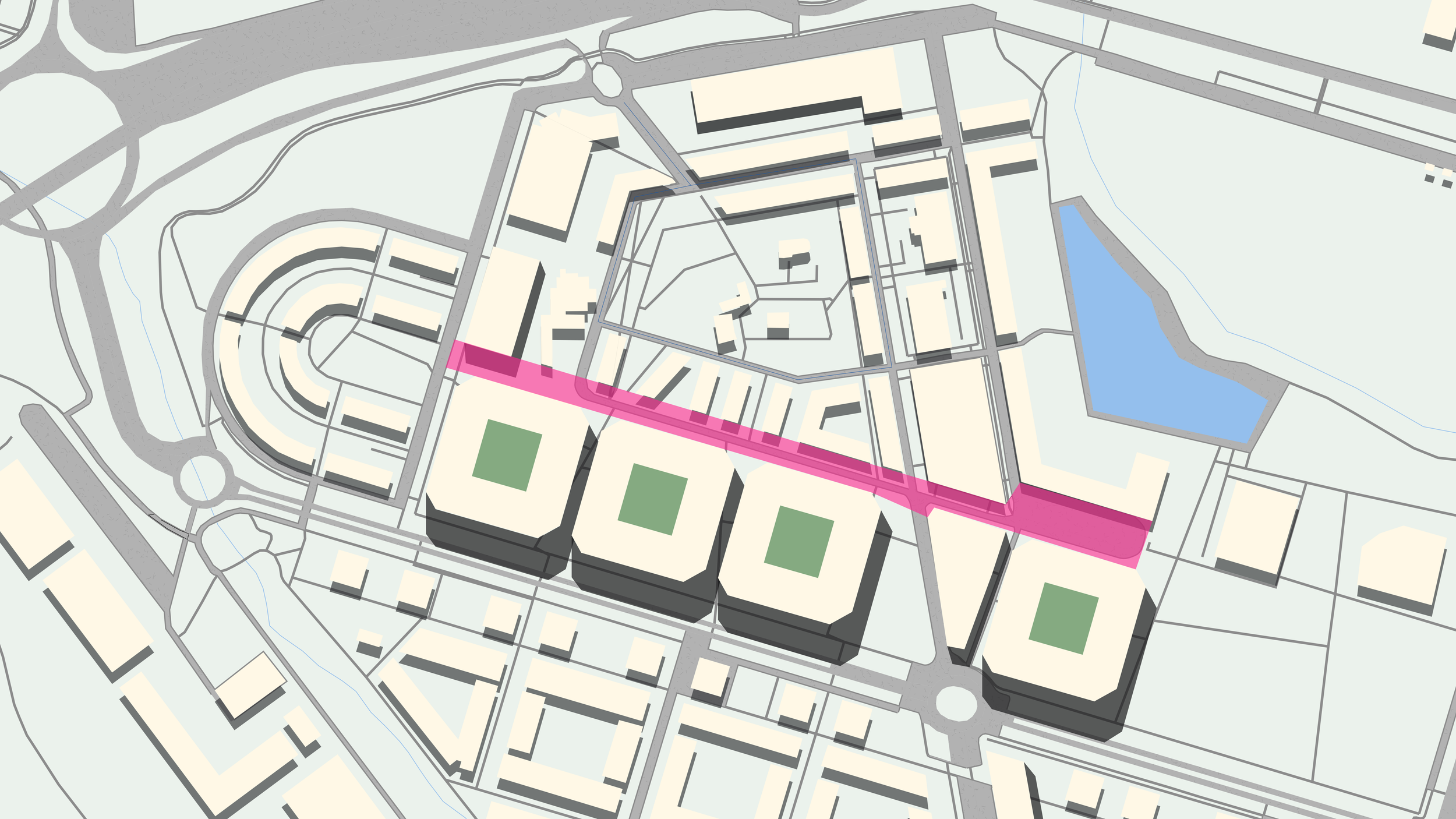 A proposed pedestrian zone like that of Carlos III in Pamplona would encourage people to be outside and walk into the park space that will be preserved to the east. 