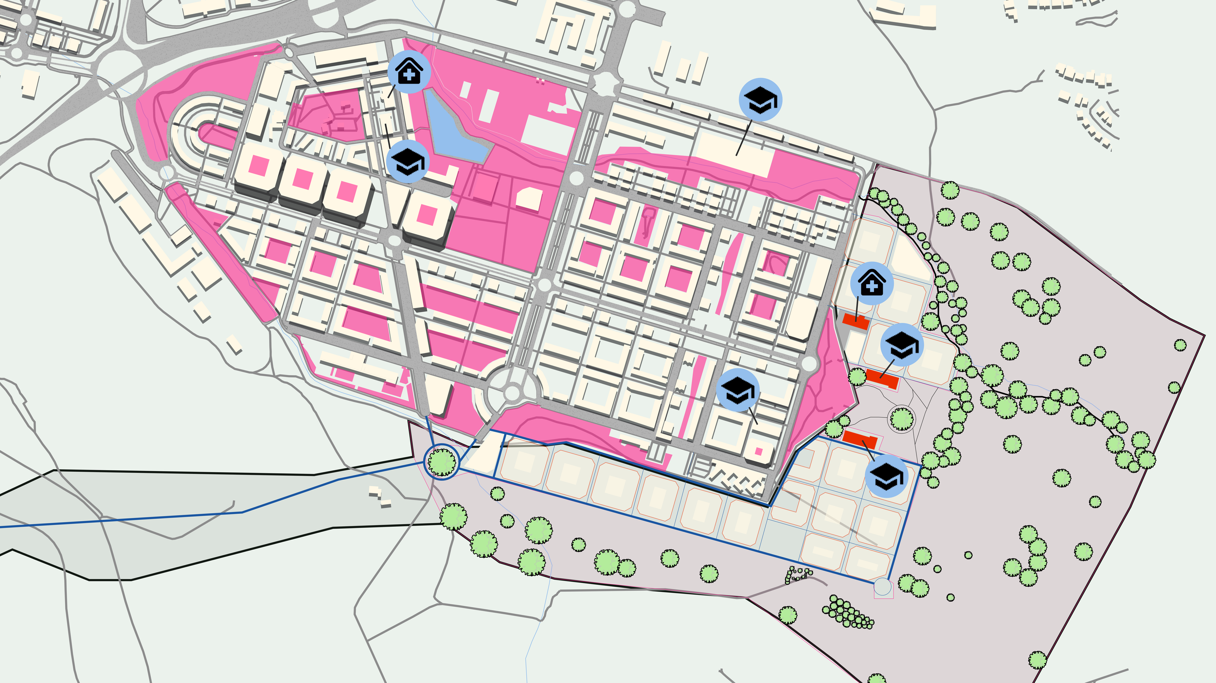 Alternative Sarriguren plan showing additional medical services and schools (in red) as requested by the citizens