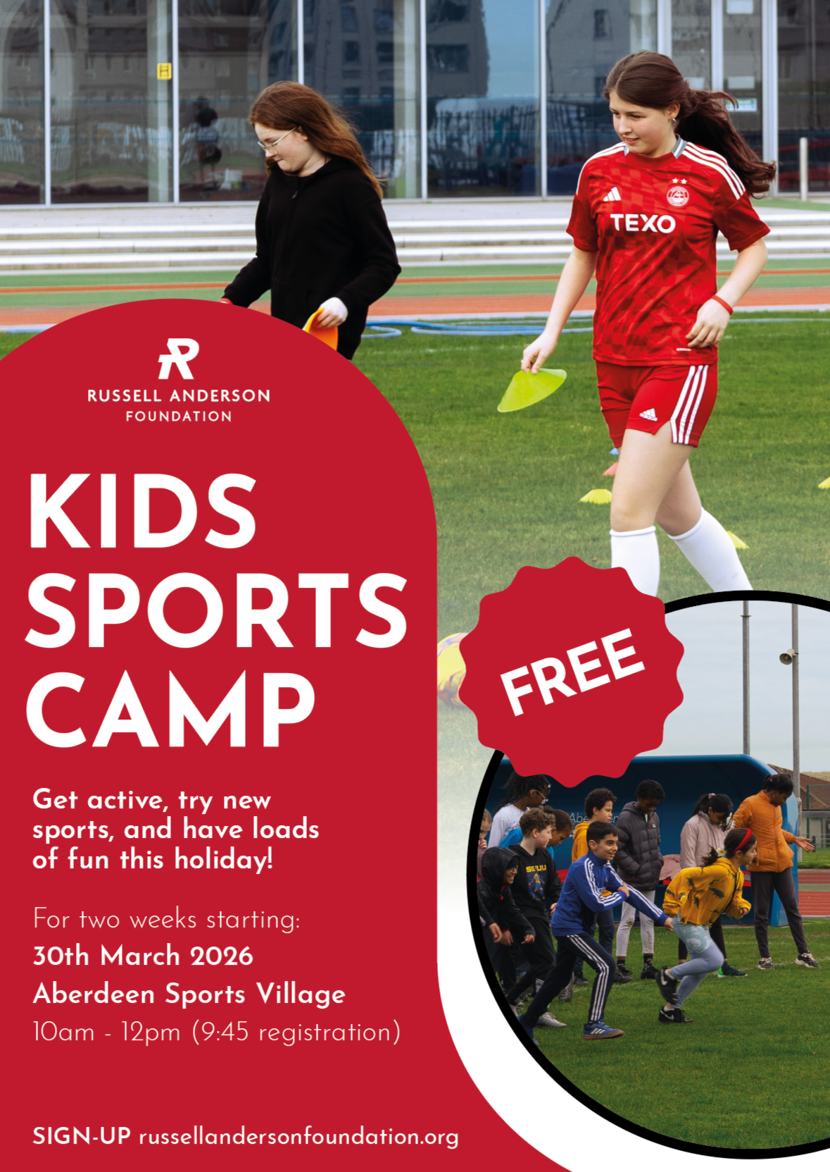 Promotional flyer for print and socials for the Russell Anderson Foundation to increase engagement in their free sports camps. Imajica Brand Evolution (2026)