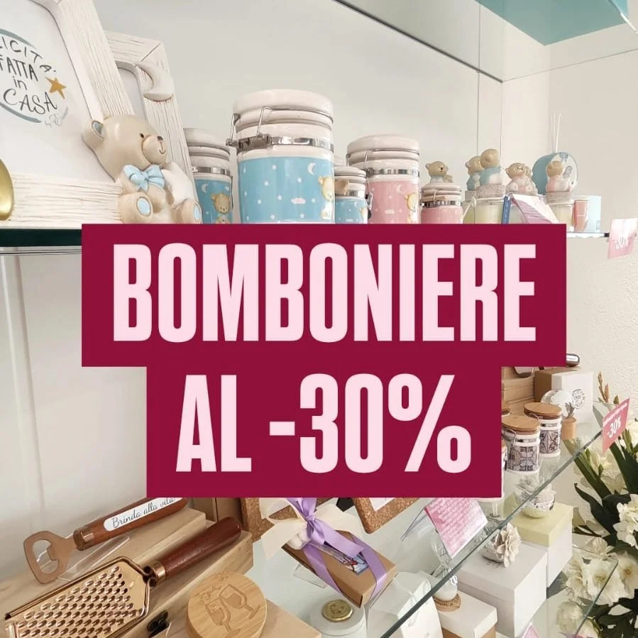 Stai organizzando un evento speciale? 
Tutte le nostre bomboniere, sono in offerta! 😲

Un esempio? 😏
CUORE LED da 16,90 &euro; a 11,85 &euro;
CANDELA IN TERRACOTTA da 
DIFFUSORE &quot;ROSA&quot; da 21,00 &euro; a 14,70 &euro;
BARATTOLO ORSETTO da 1