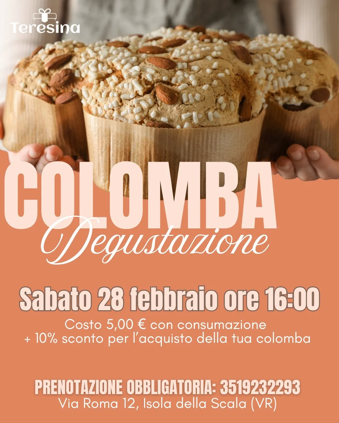 🕊️ Degustazione Colombe Pasquali 🕊️ 
Ti invitiamo a scoprirne tutto il gusto con una speciale degustazione di colombe pasquali presso il nostro negozio 😋

Durante l&rsquo;evento assaggerai:
- COLOMBA CON GOCCE DI CIOCCOLATO FONDENTE 70%
- COLOMBA 