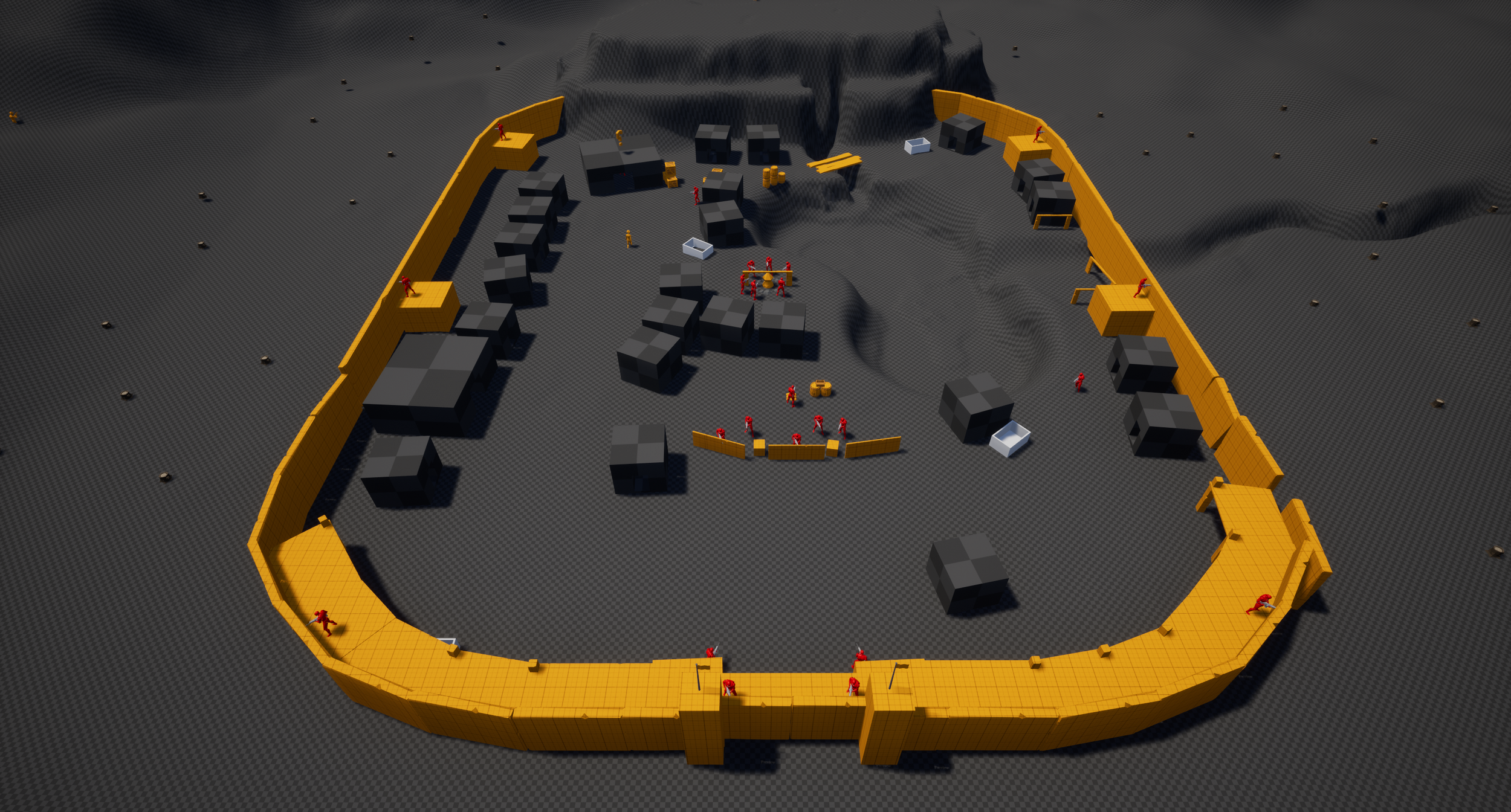 Initial blockout of the Enemy Camp level design.