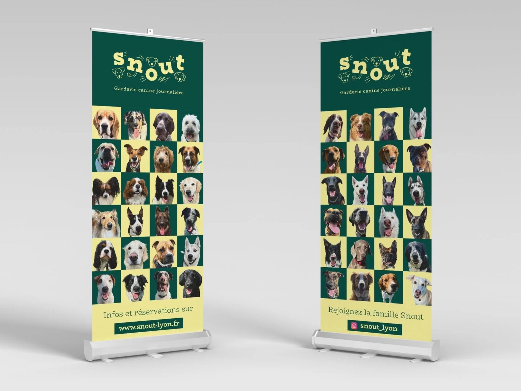Deux bannières publicitaires pour un service de garderie canine nommé Snout, montrant une grille de photos de chiens avec des textes promotionnels et un lien vers un site web, ainsi que des instructions pour rejoindre la famille Snout.