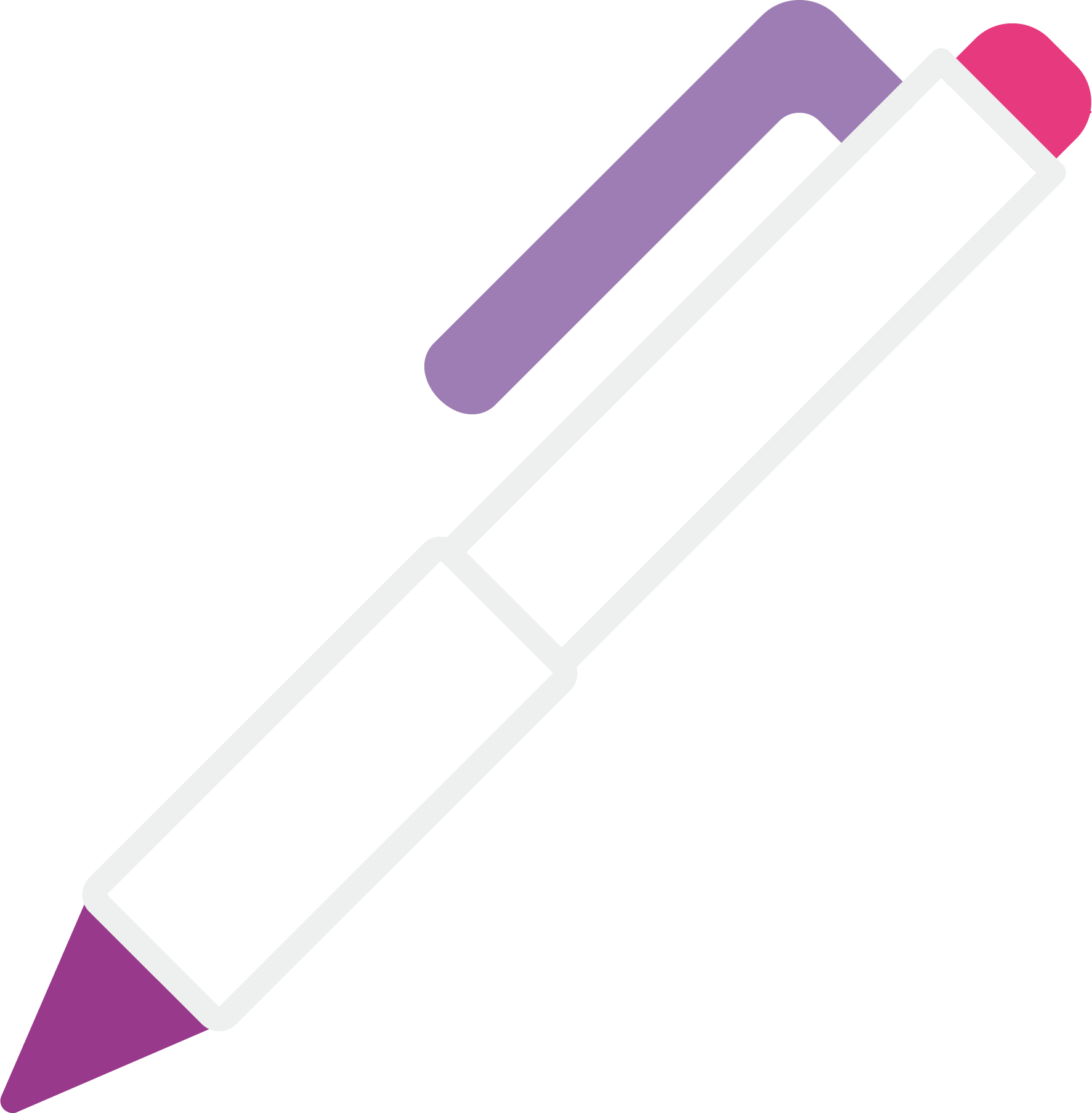 Crayon violet, noir, blanc, gris et rose sur fond noir.