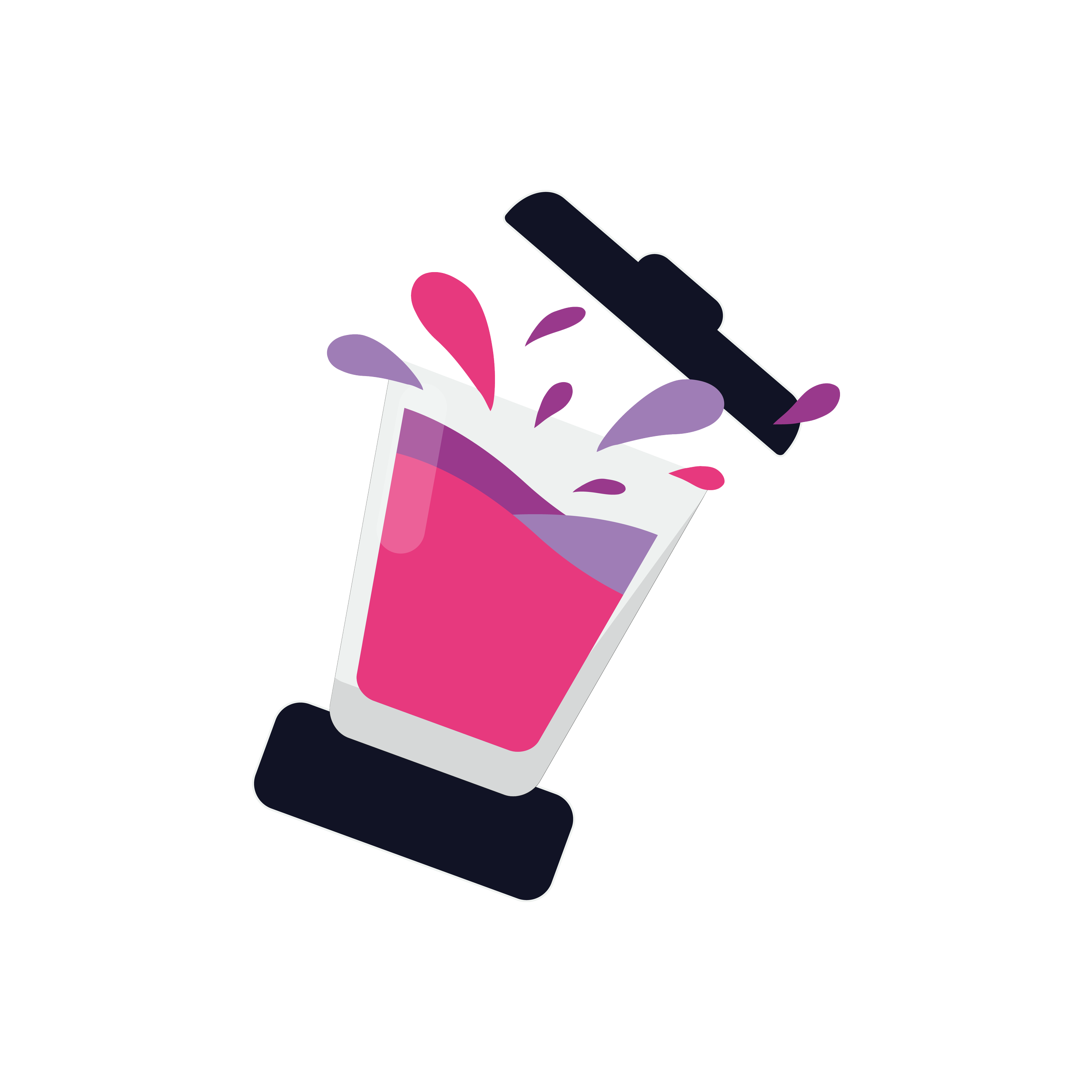 Un smartphone simulé avec un graphique de boisson rose et des éclaboussures de différentes couleurs.