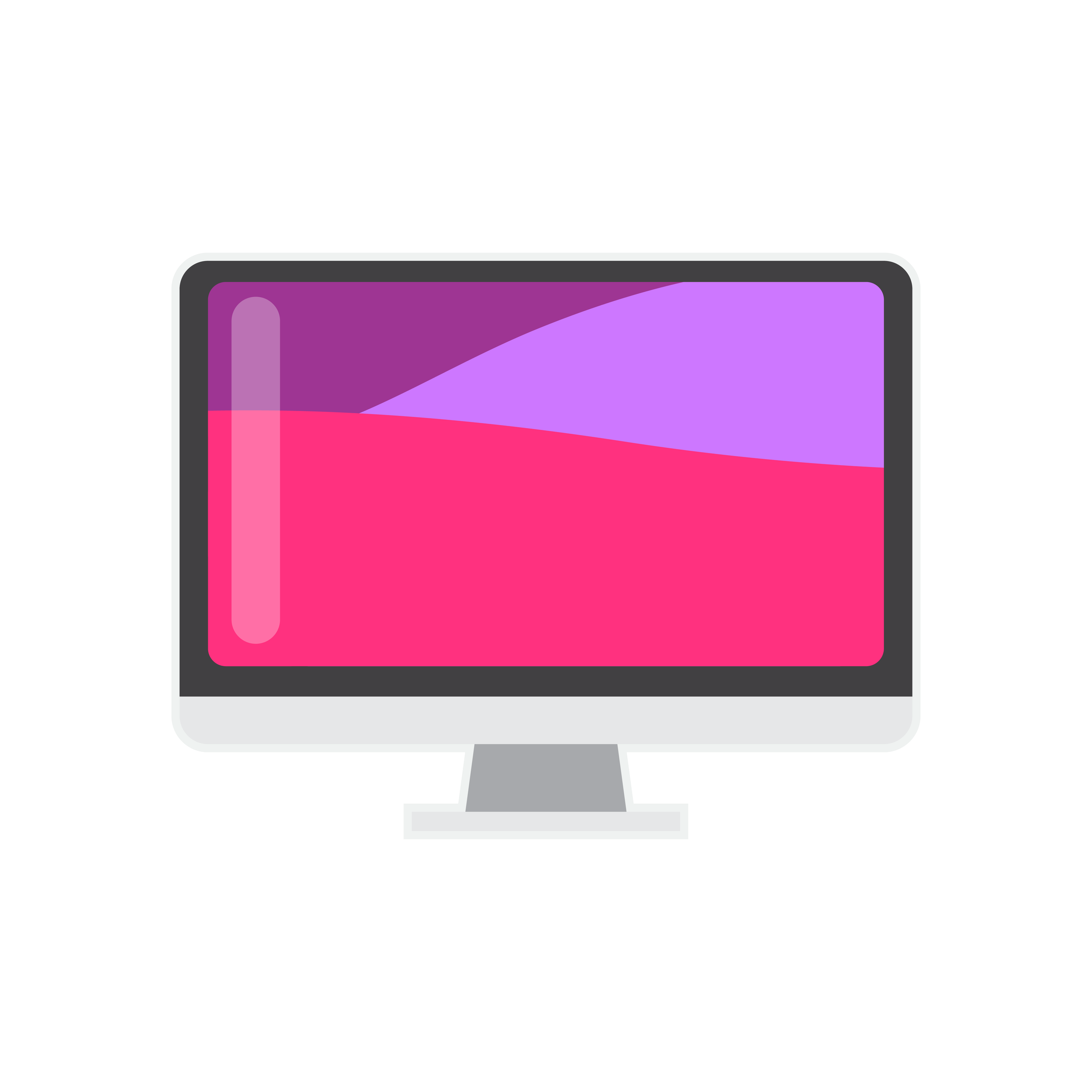 A computer monitor displaying a colorful abstract pattern with pink, purple, and blue shapes.