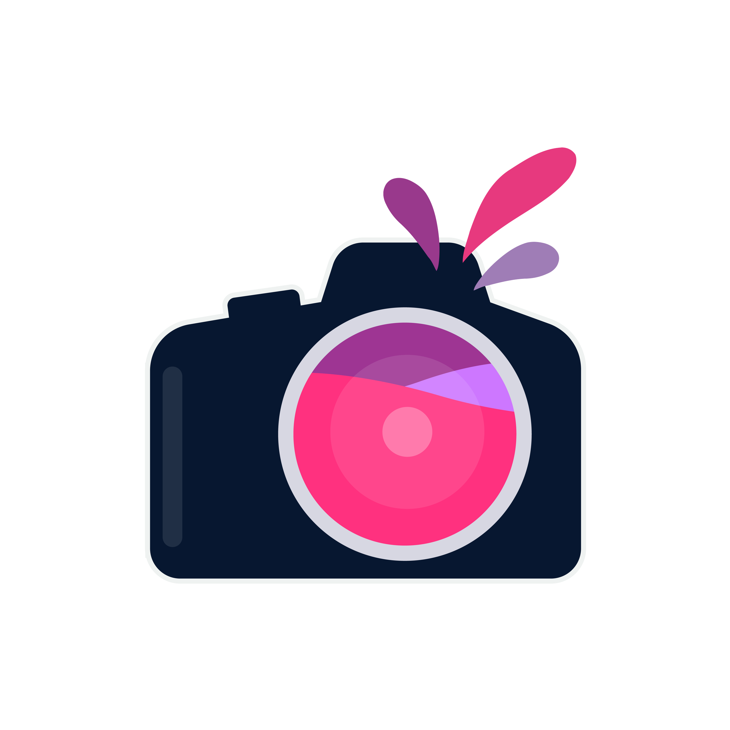 Illustration d'un appareil photo avec des éclats de lumière roses, violets et mauves sortant de l'objectif.