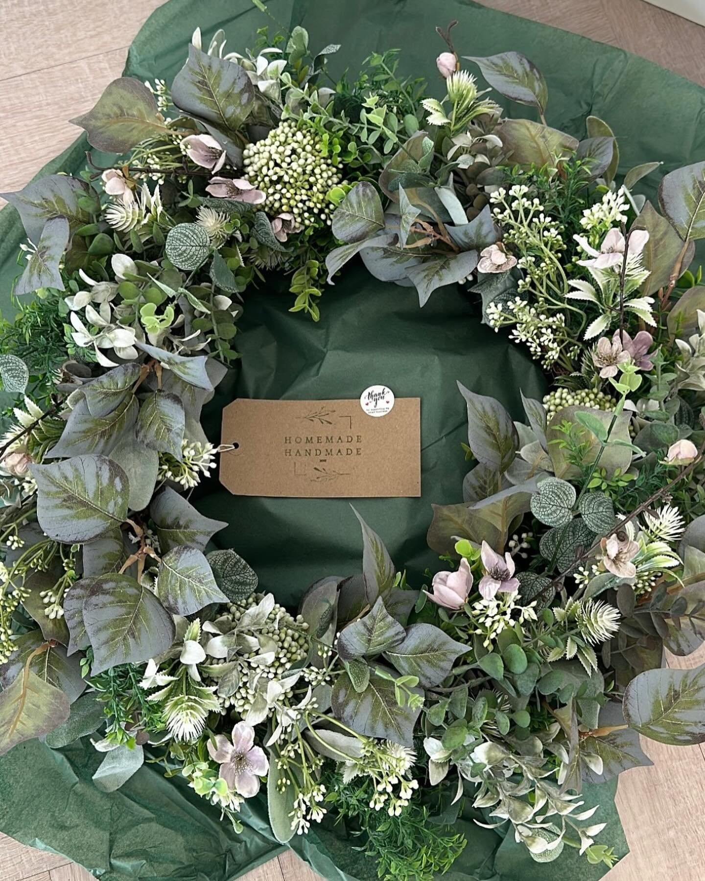 Spring Nordic green with apple blossom wreath. Just perfect for all year masses of green foliage and a touch of pale pink blossom. Available in 2 sizes 40 and 60cm, this is the 60cm. #appleblossom #fauxwreaths #artificialwreaths