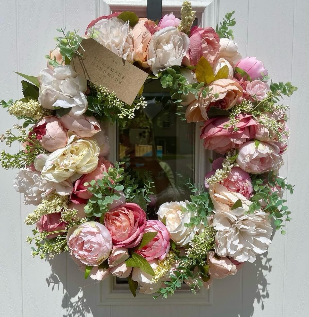 Thanks @our_cala_kennedy for this stunning pic of your bespoke peony wreath. It looks lovely in the sunshine. DM to order xx #bespoke #wreaths #artificialwreaths