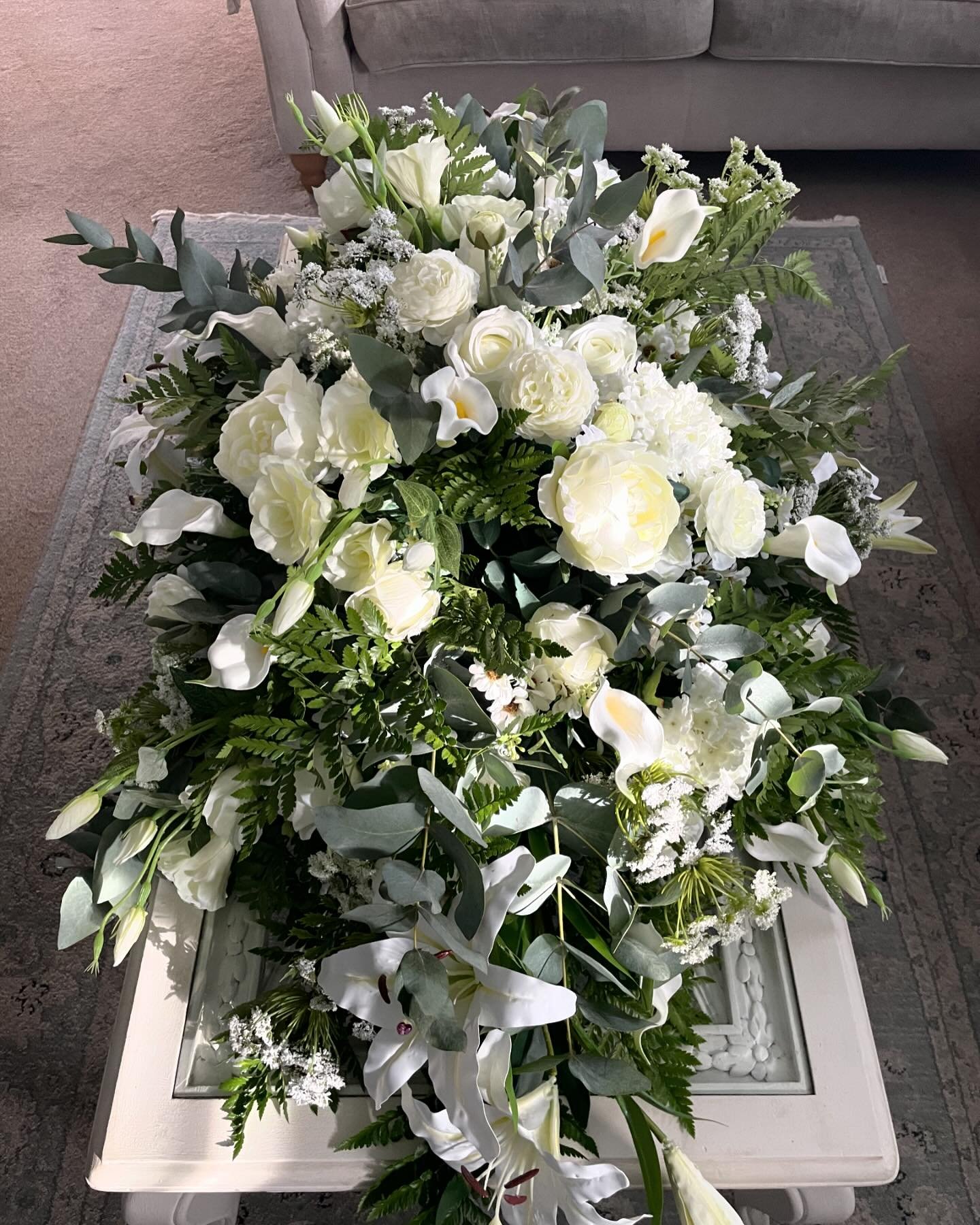 So many messages thank you. I made the casket flowers using fresh foliage and all faux flowers. The flowers will then be used in a memorial arbour. This way they can be forever. Off tomorrow and Wednesday thank you again for all the love #funeralspra