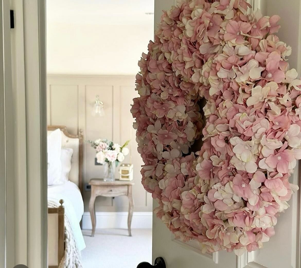 Pink seems to be the way to go this week and the pink hydrangea wreath shown here by Anna @holly_oak_house is your favourite. Horrid weather here today so I&rsquo;ll be tucked away inside making your orders. #rainyday #artificialwreaths #hydrangea #h