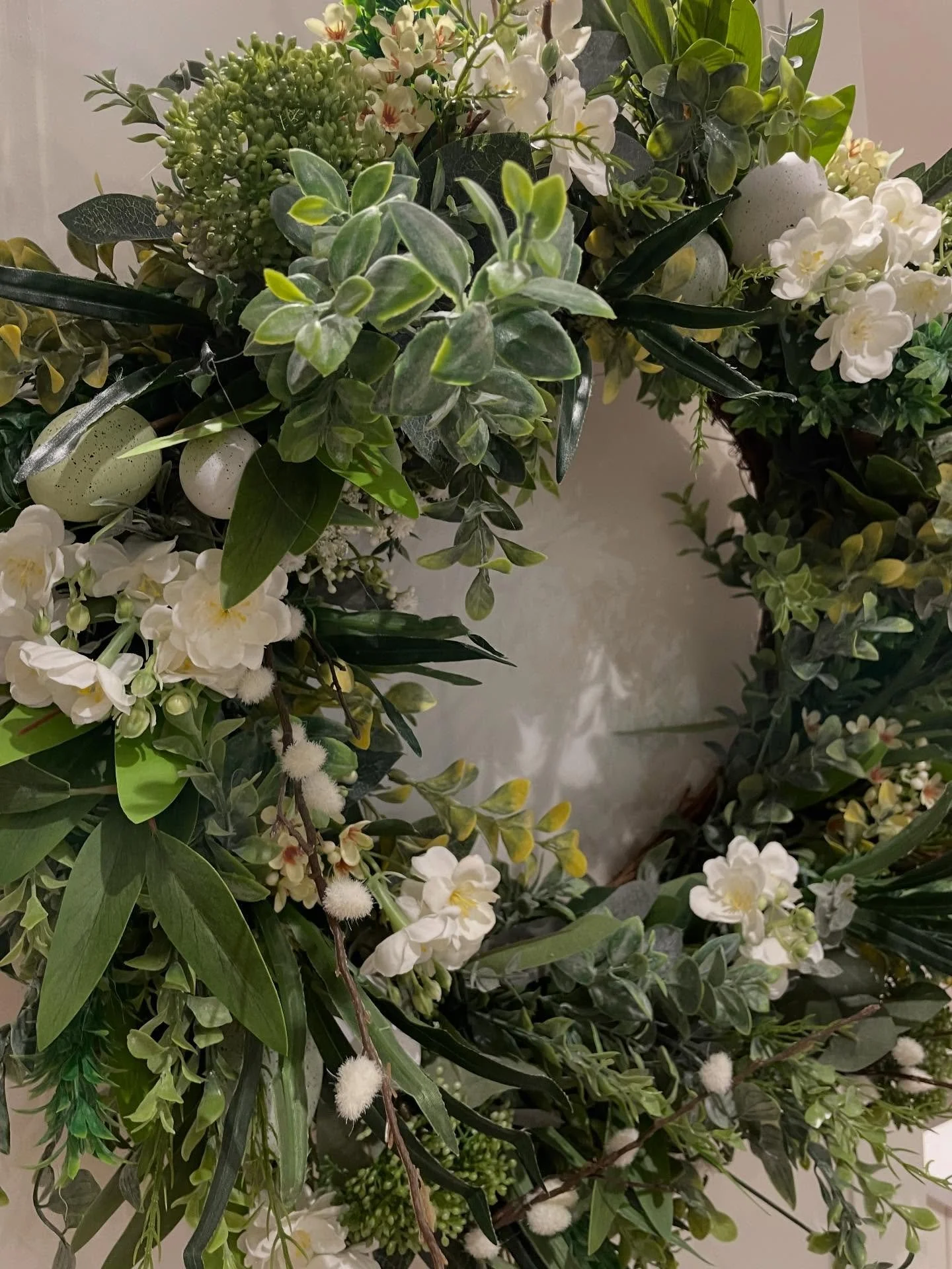 Evening, I&rsquo;ve been busy this afternoon finishing off my Nordic Easter design for 2026. Masses of foliage,pussy willow, soft yellow wax flowers, and budding white stephanotis, finished of with faux eggs in pale greens blues and whites. Available