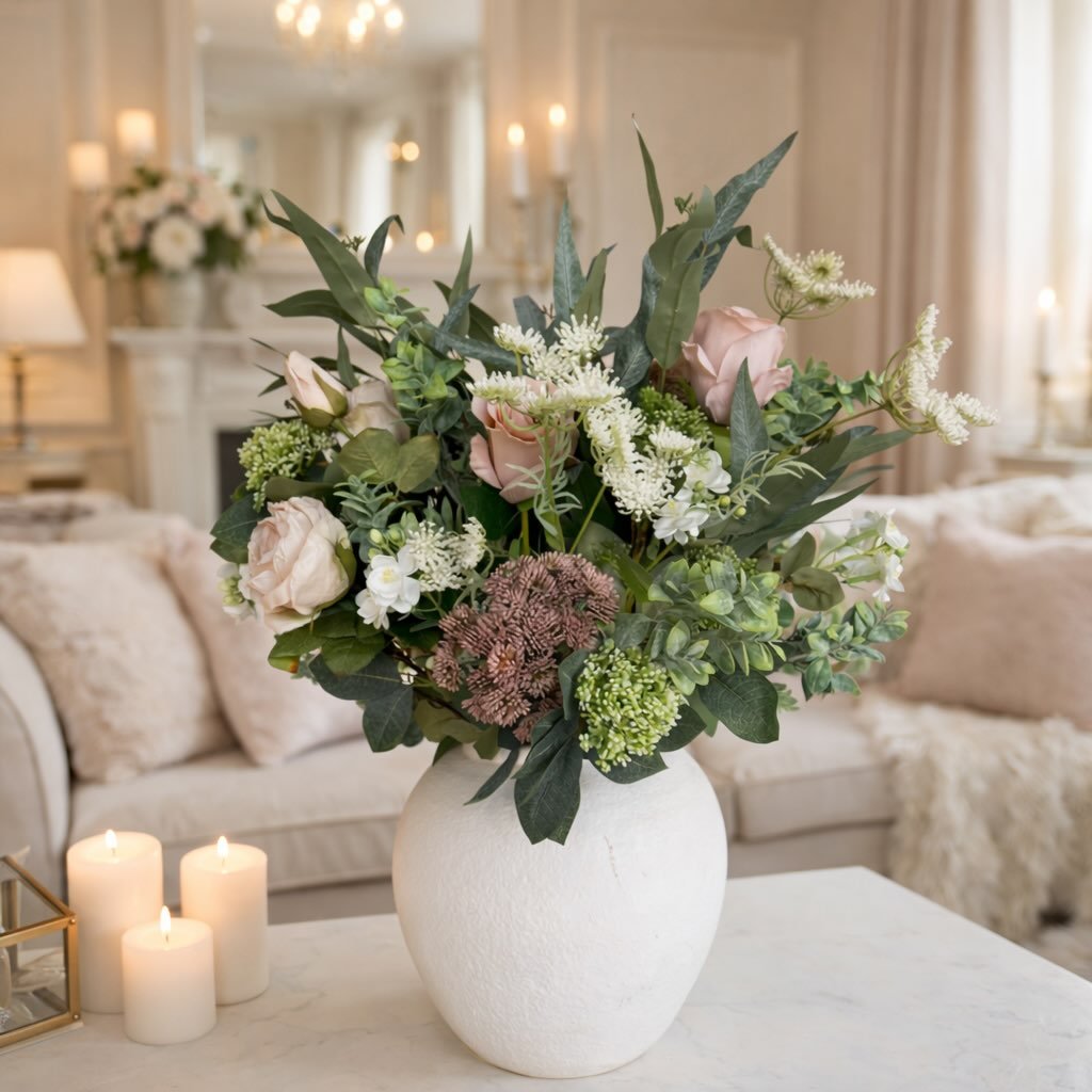 Evening,
Just a quick post to introduce the first of my new spring luxury bouquets. Packed with dried look roses in nudes, sedums, Queen Anne&rsquo;s lace in ivories,viburnums,foliage,spring buds and grassy leaves. Limited stock of 3, &pound;165.00 (