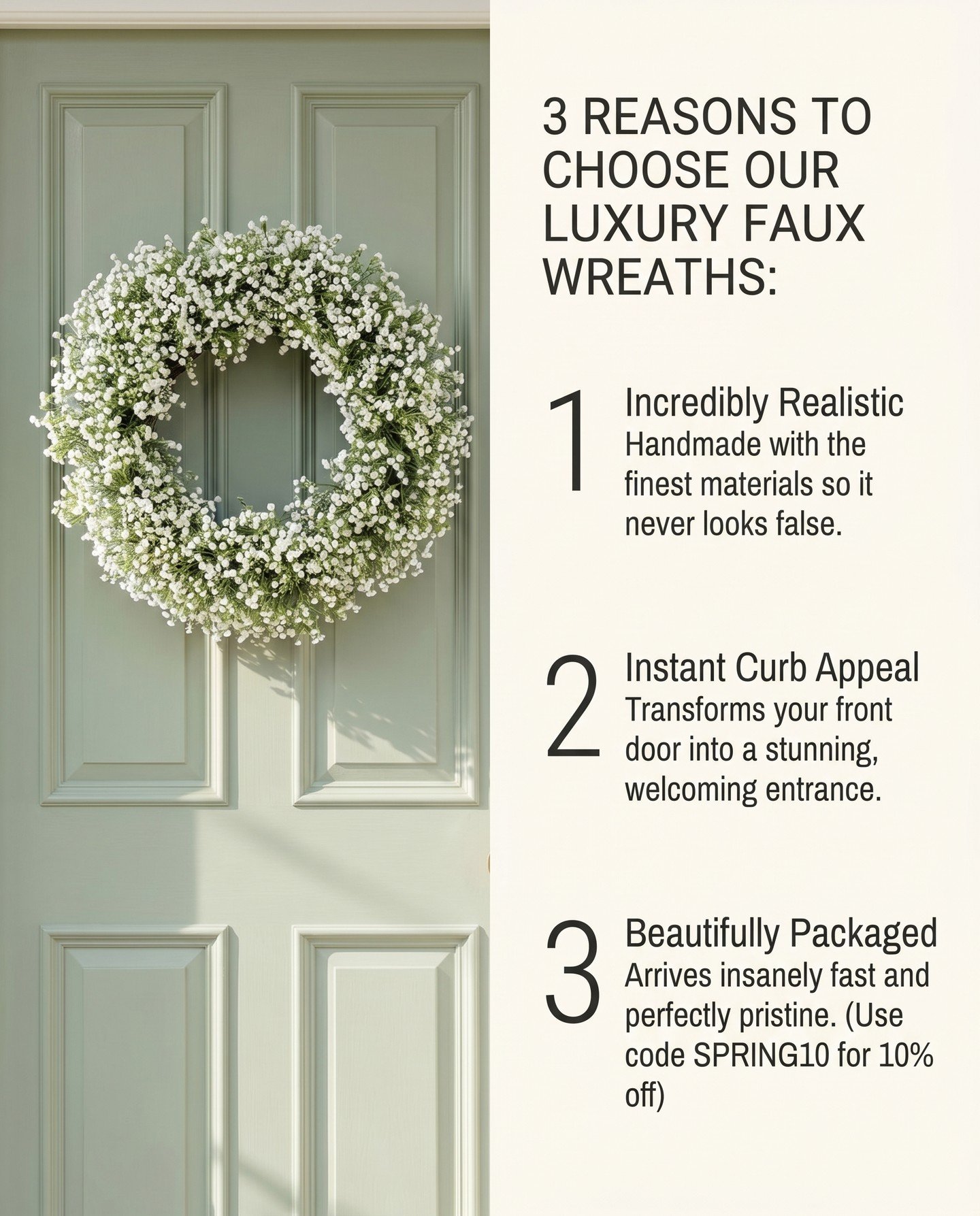 ✨ Transform your front door into a floral masterpiece! 🌼🌿 Discover the magic of my handmade wreaths. The gypsophila wreath Use SPRING10 for 10% off! #DoorGoals #FauxWreathDesign #LuxuryHomeDecor #SpringDecor #GypsophilaWreath
