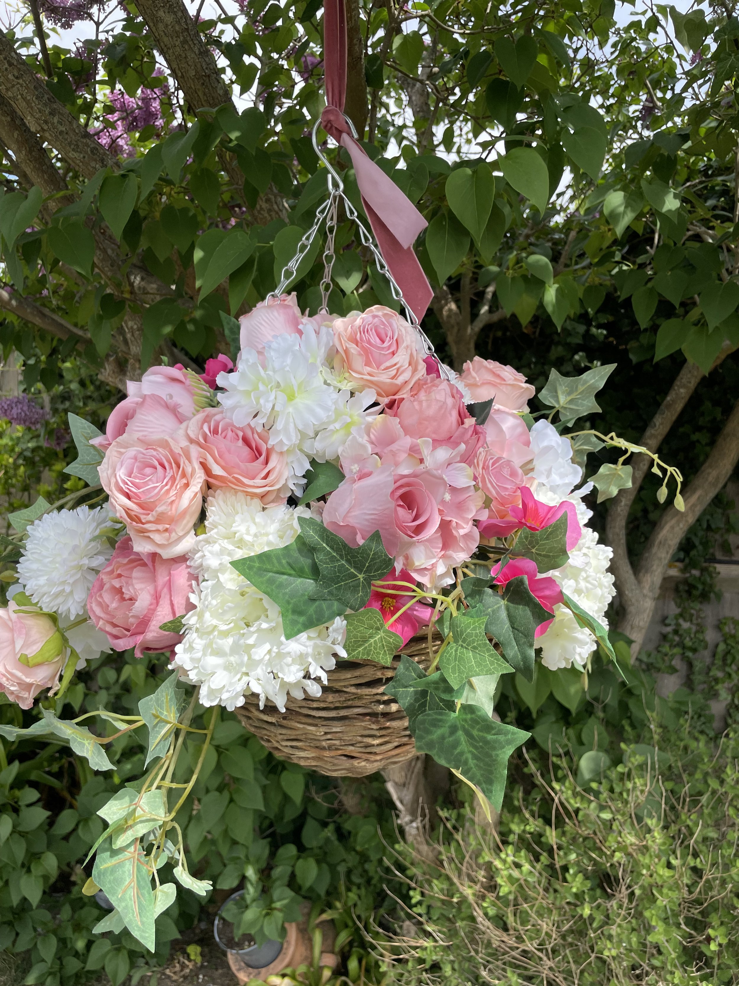 Pink rose and peony hanging basket