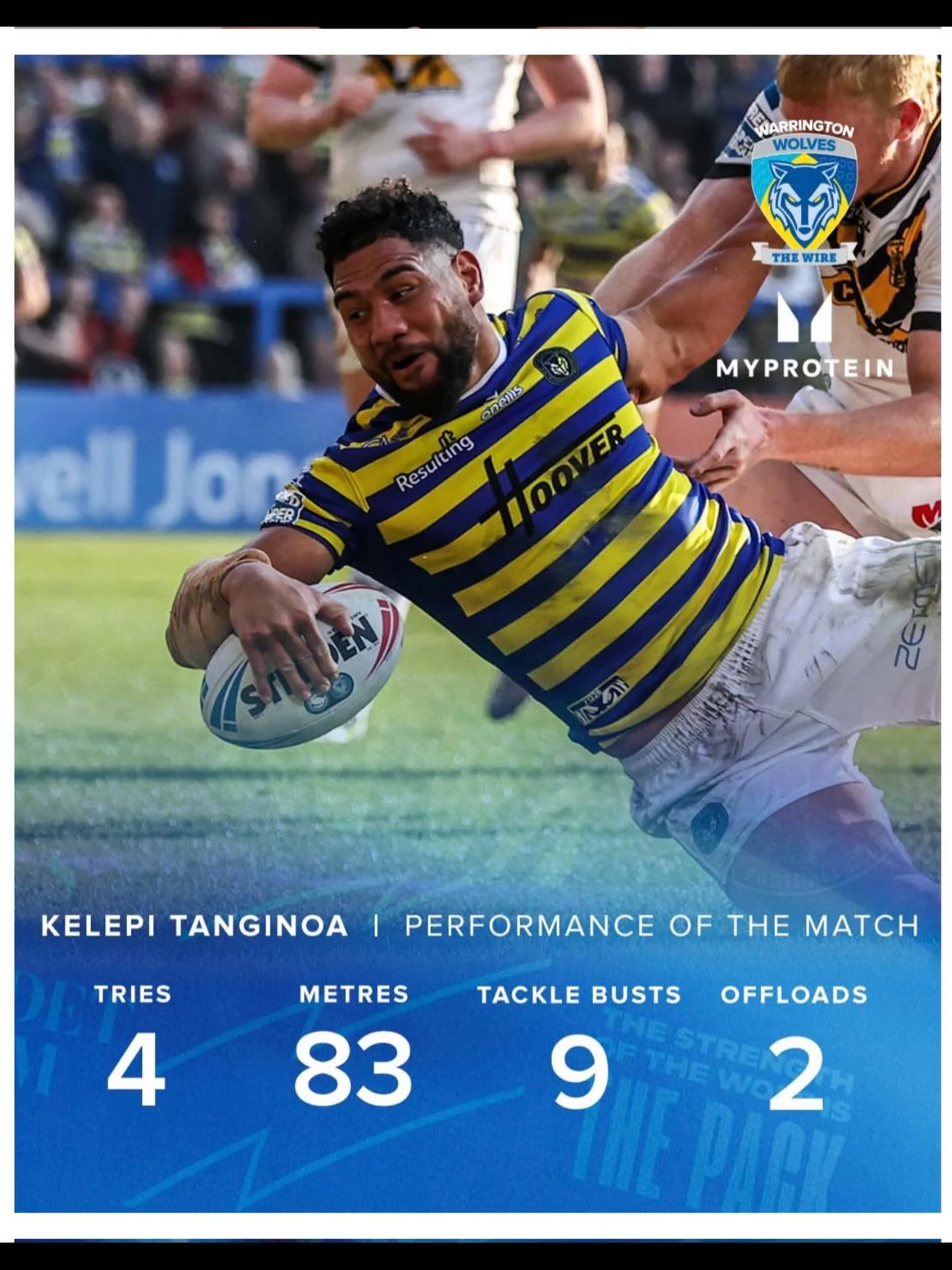 Well Done @kelepitanginoa._ 💙💛 Fully deserved performance of the match and looking forward to next week against Leeds 🦏 🏉 🐺