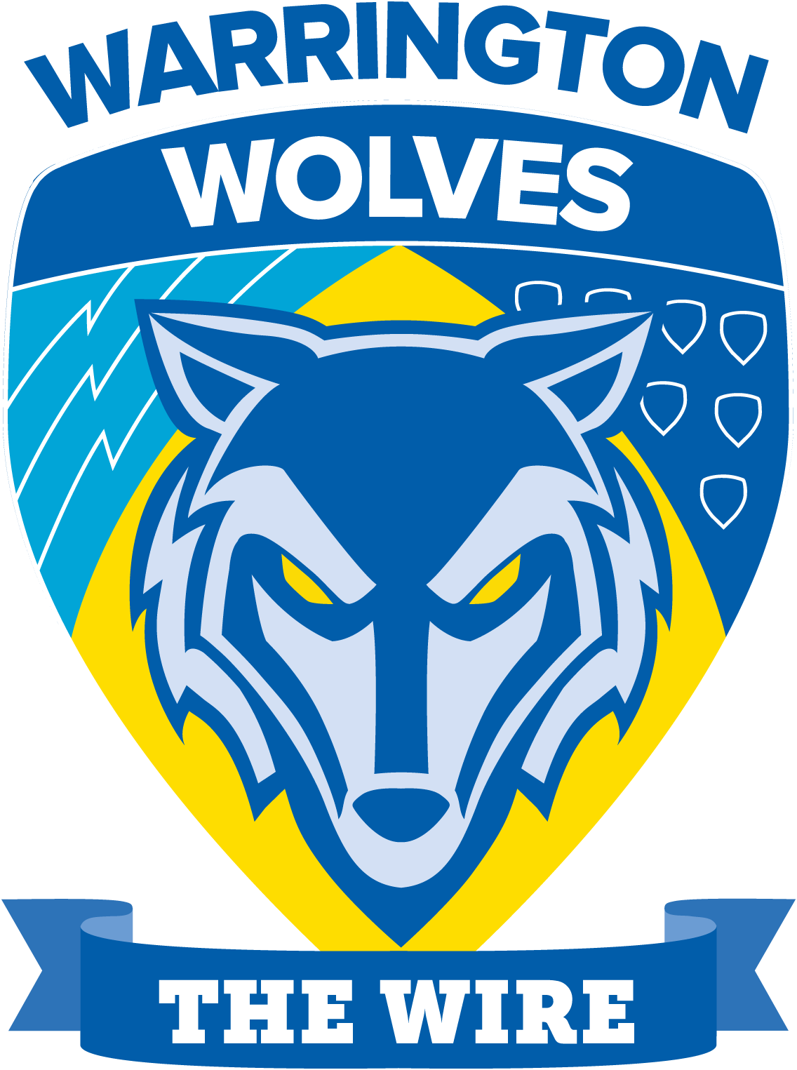An emblem for the Warrington Wolves rugby team, featuring a stylized wolf's head, the team name, and the phrase 'The Wire' on a ribbon.