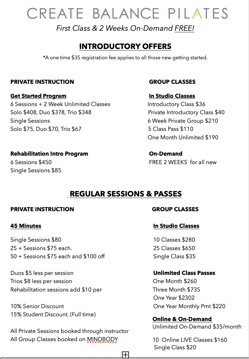 Pricing — Create Balance Pilates