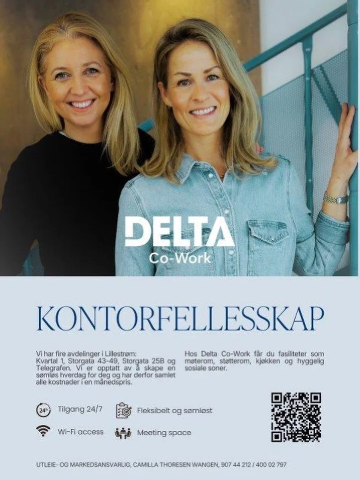 Velkommen til Delta Co-Work🤝 

Et kontorfellesskap hvor alt er inkludert i prisen. 
☕️ Kaffe 
🛜 Internett
🪑Moderne arbeidsplasser 
🏢 M&oslash;terom og stillerom 
🤝 Inspirerende fellesskap 

Vi har n&aring; fire avdelinger: 
&bull; Kvartal 1 
&bu