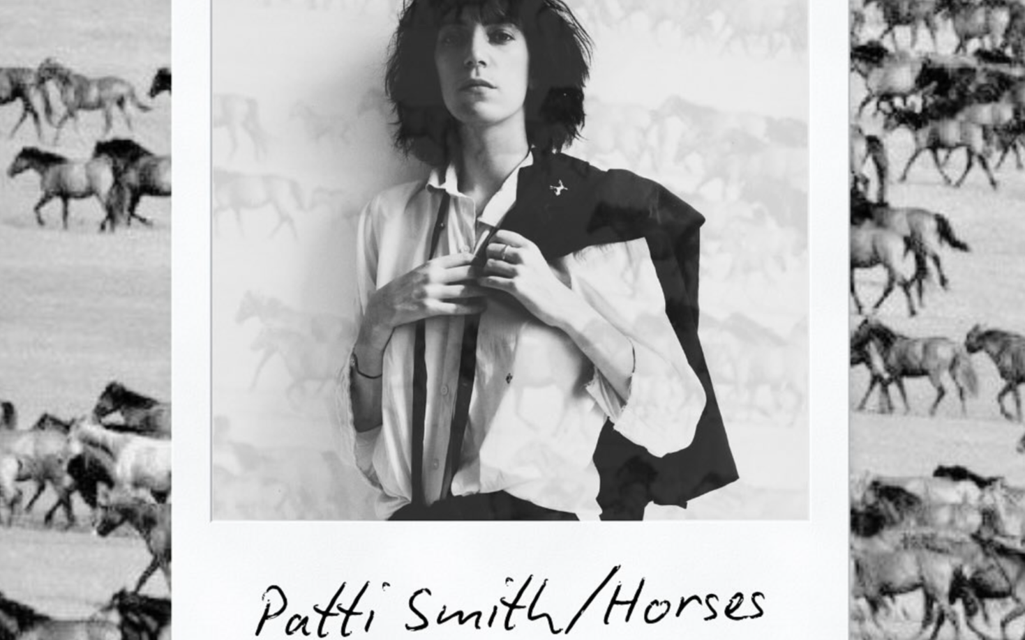 Black and white photograph of a woman with short dark hair, wearing a white shirt and a dark blazer draped over her shoulder, standing against a background of horses running. Text at the bottom reads "Patti Smith/Horses."