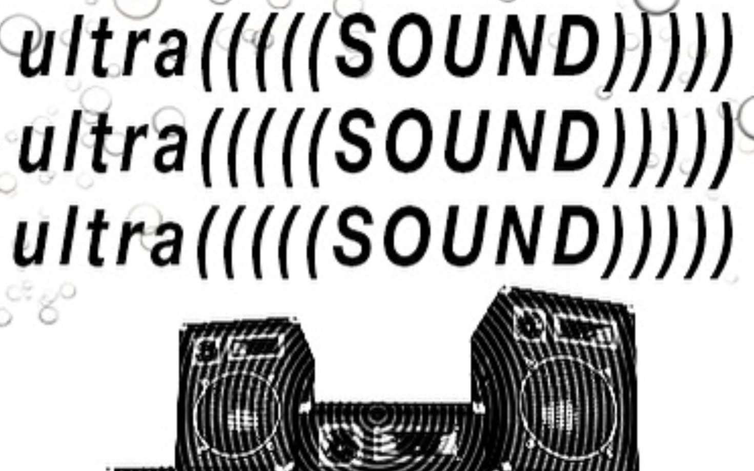 Graphic illustration featuring the word 'ultra' repeated multiple times in bold and italic fonts, with the word 'SOUND' prominently displayed in the center, and an image of two speakers connected by a cable below the text.