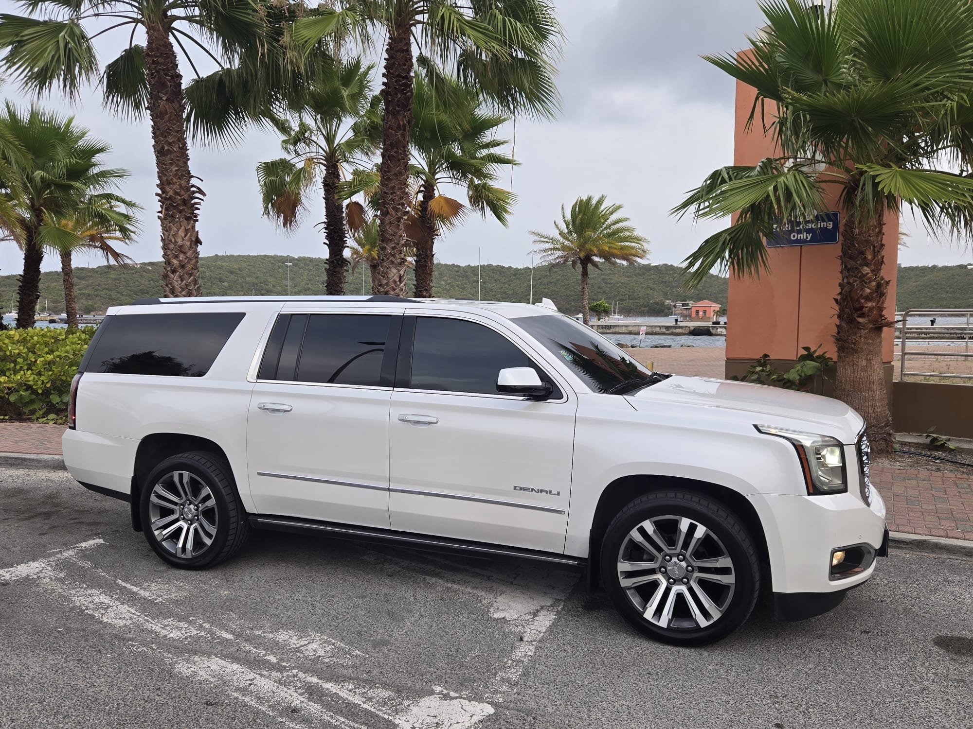 A white SUV parked in a lot near palm trees with a body of water and hills in the background.