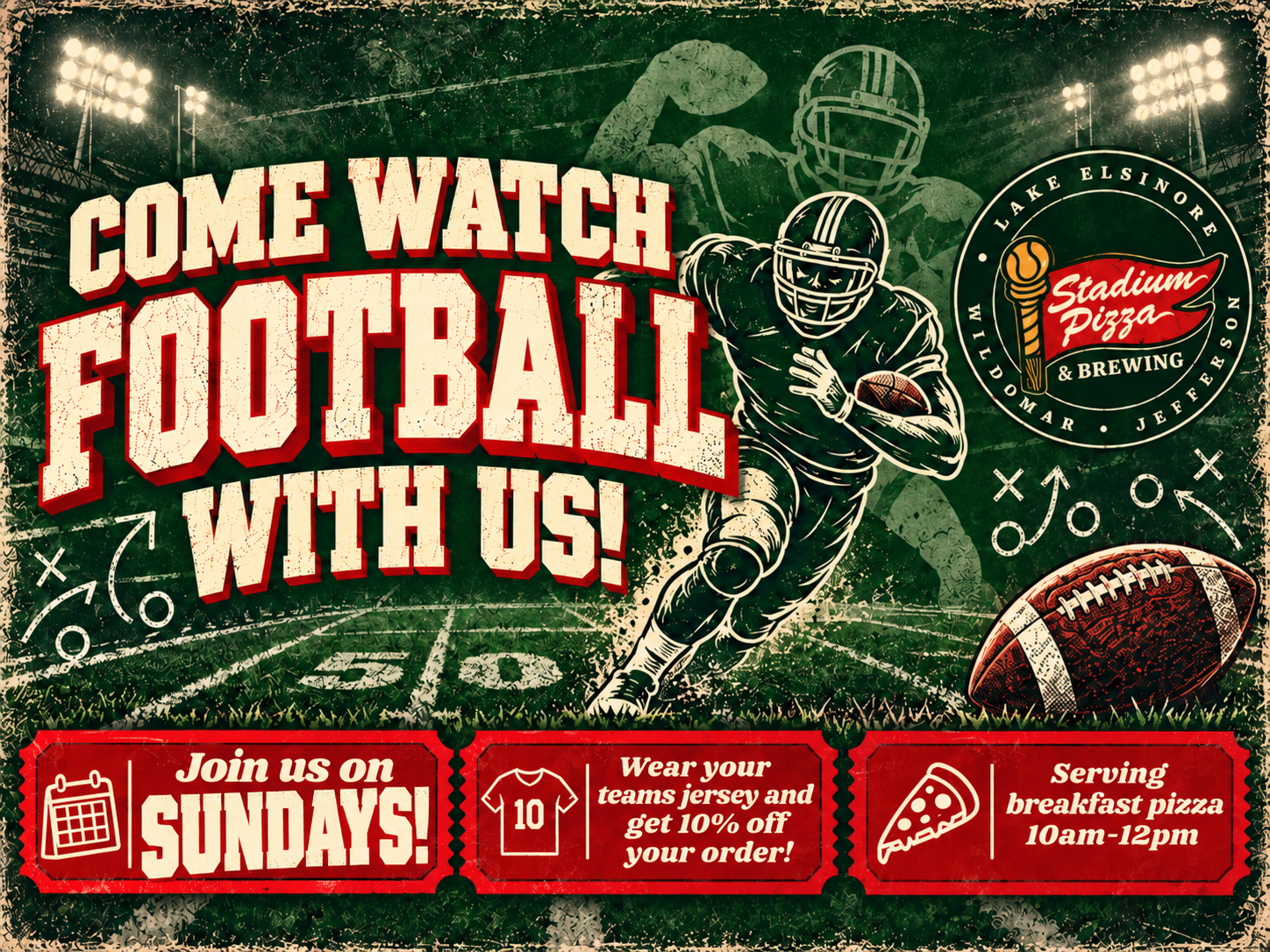 Sunday football! Wear your team jersey for 10% off. Serving breakfast pizza 10a-12p