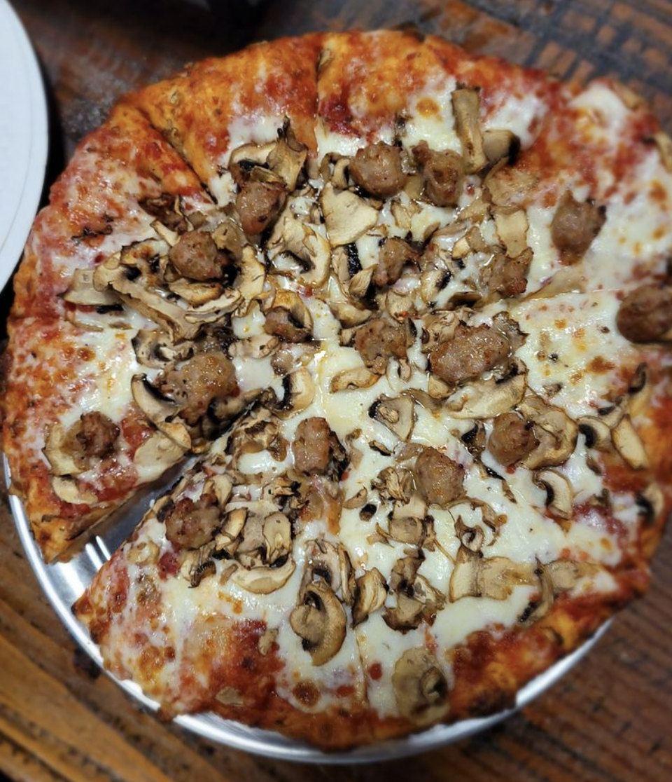 Photo of a sausage and mushroom pizza
