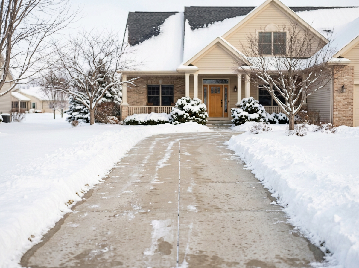 A snow-covered suburban house with a front porch, trees, and a cleared concrete driveway leading to the front door.