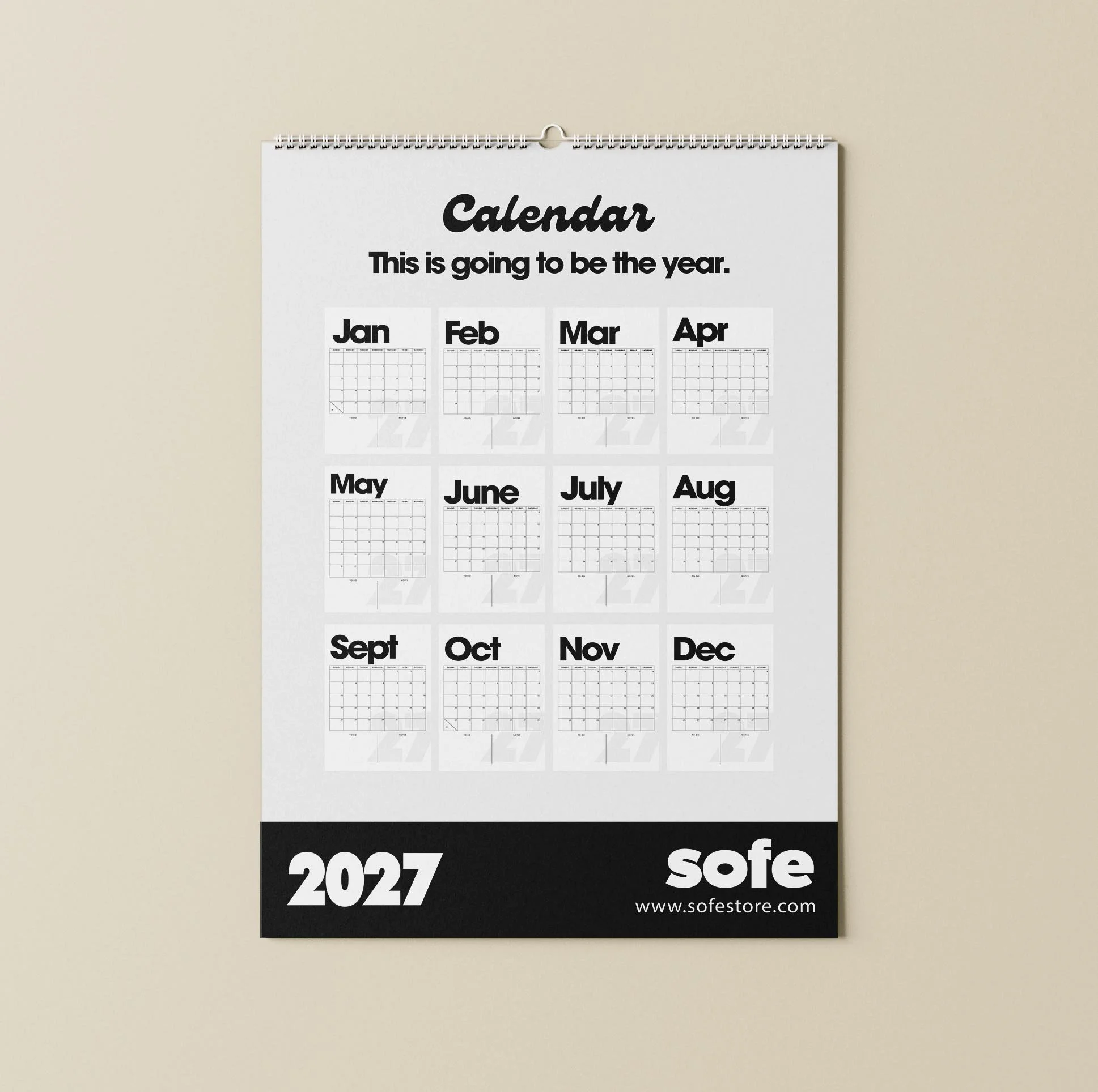 Back page of the sofe 2027 wall calendar showing a mini grid of all twelve months, January to December, above the Sofe Store logo and sofestore.com