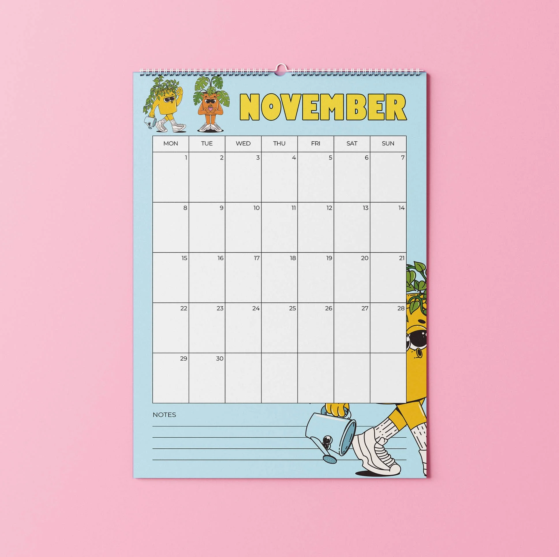 November 2027 page of the Sofe Store wall calendar with a blue background, a yellow “November” heading, two cartoon houseplant characters, a large date grid and a lined Notes section