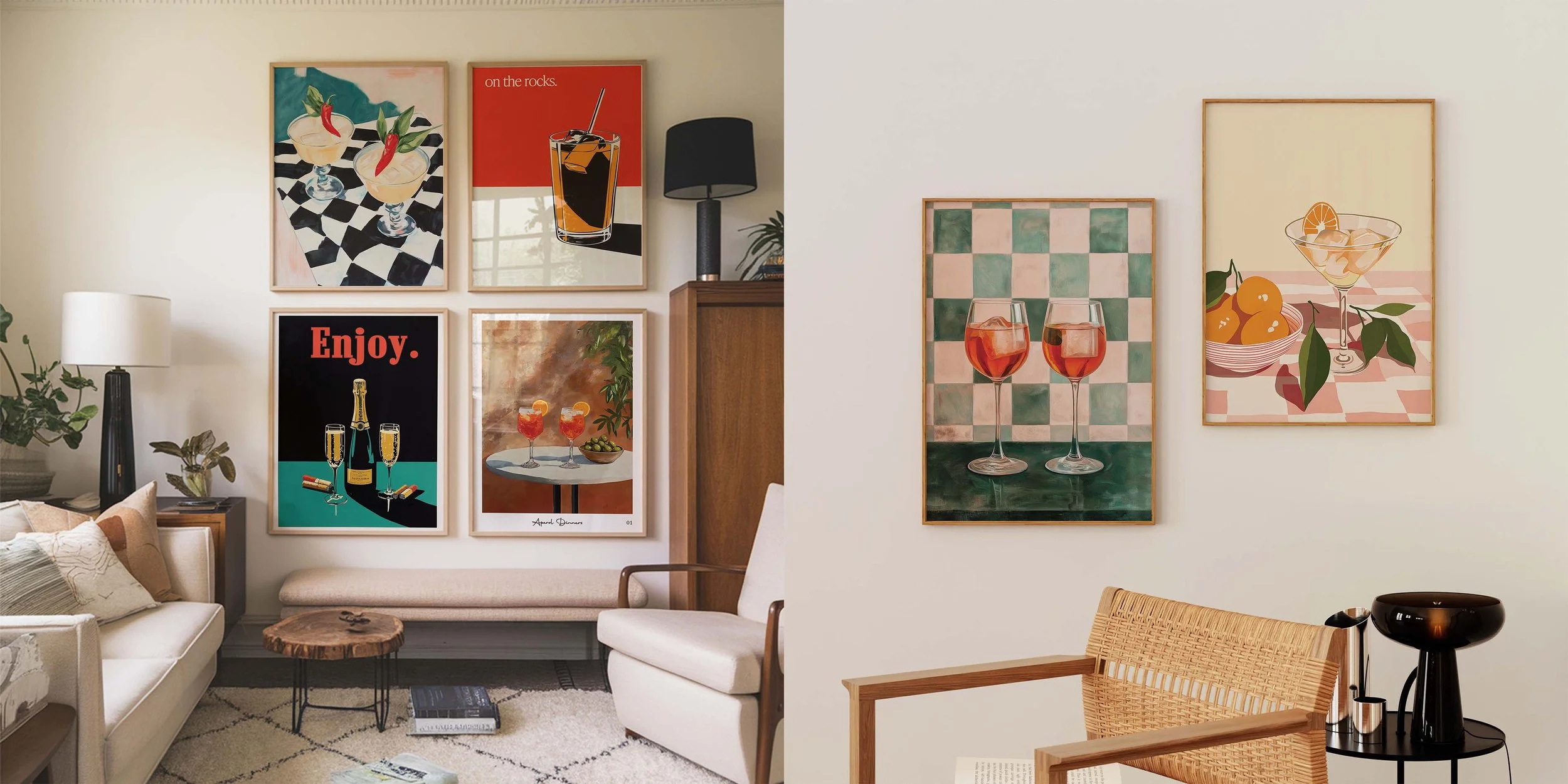 Collage of stylish living rooms featuring framed cocktail and beverage artwork, mid-century furniture, lamps, plants, and decorative tables
