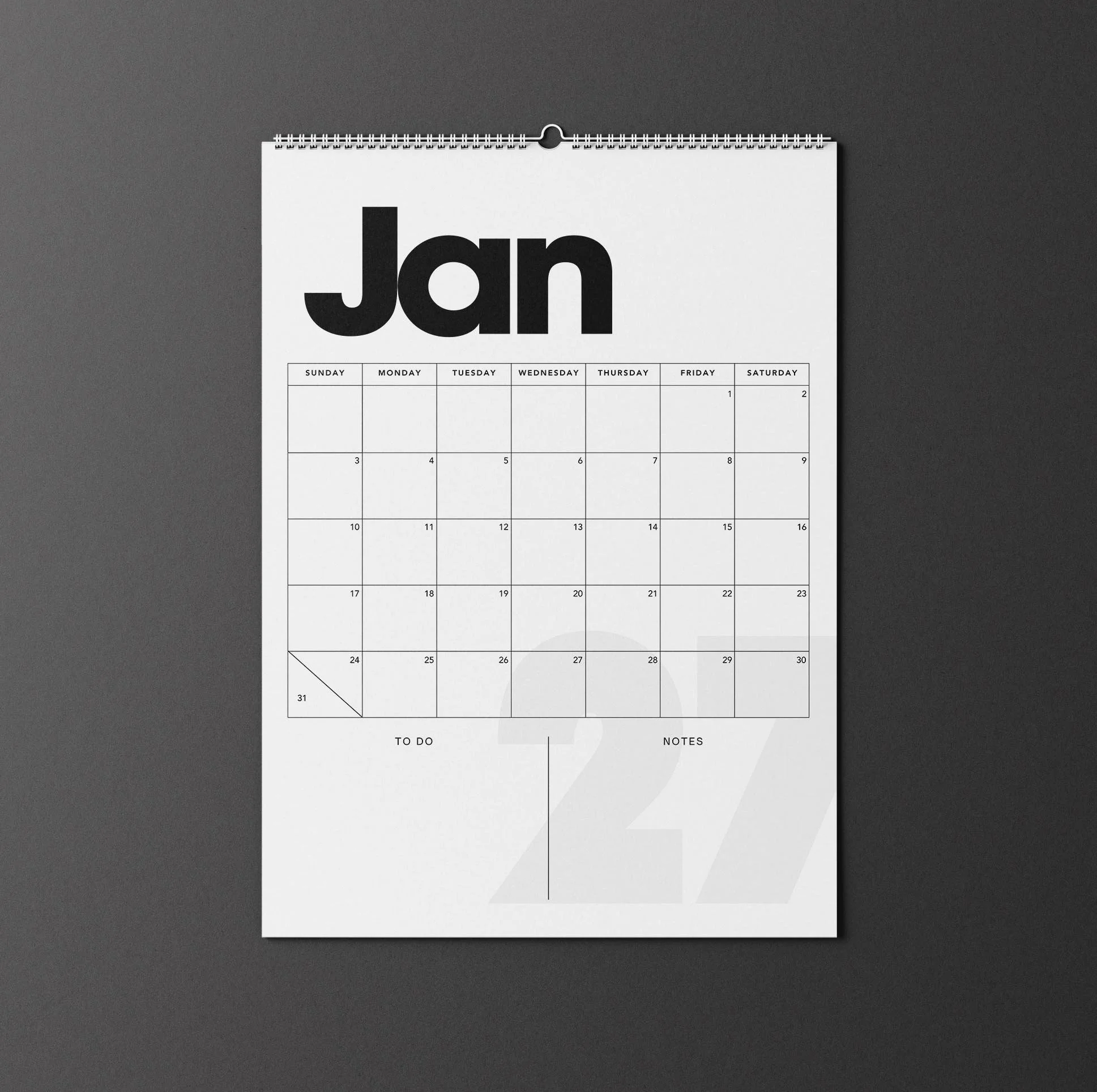 January 2027 page of the sofe wall calendar with a large bold “Jan” heading, a Sunday-to-Saturday date grid, and To Do and Notes sections