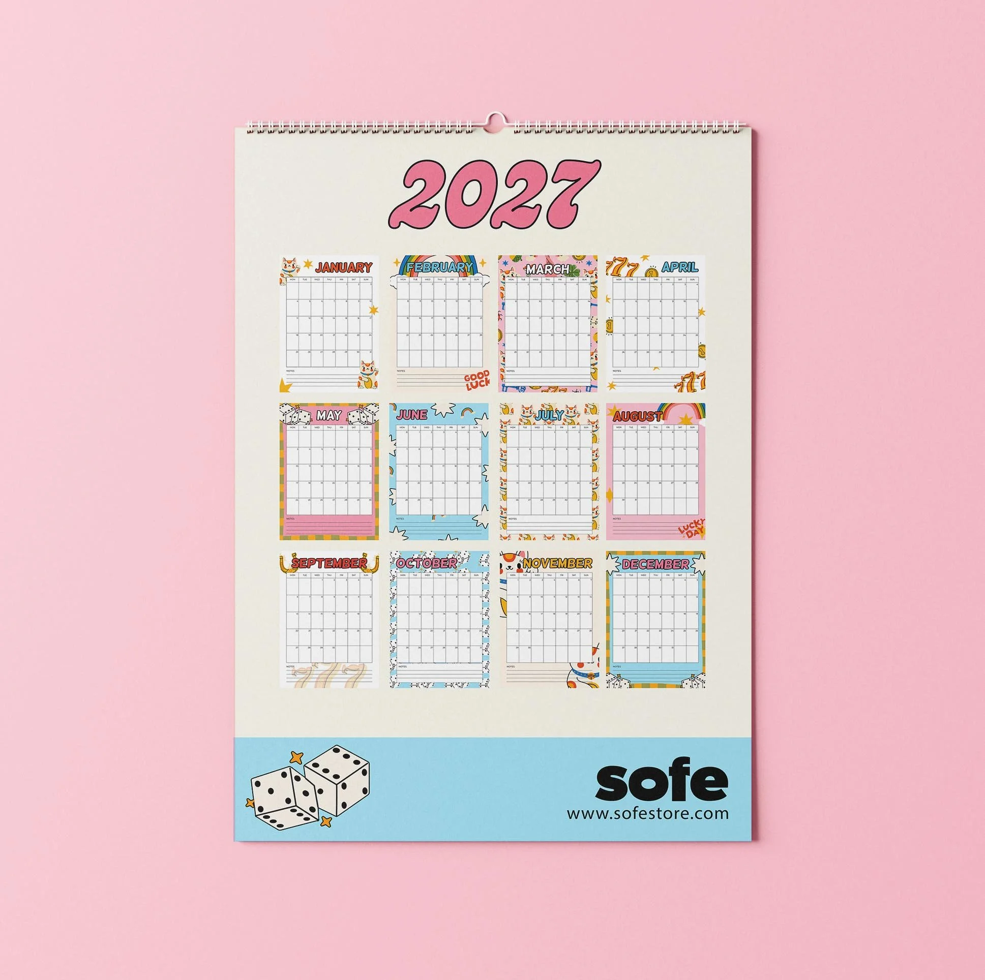 Back page of the Sofe Store 2027 wall calendar showing a mini preview of all twelve lucky-themed months, with cats, rainbows, dice and lucky sevens, above a blue band with the Sofe Store logo and sofe