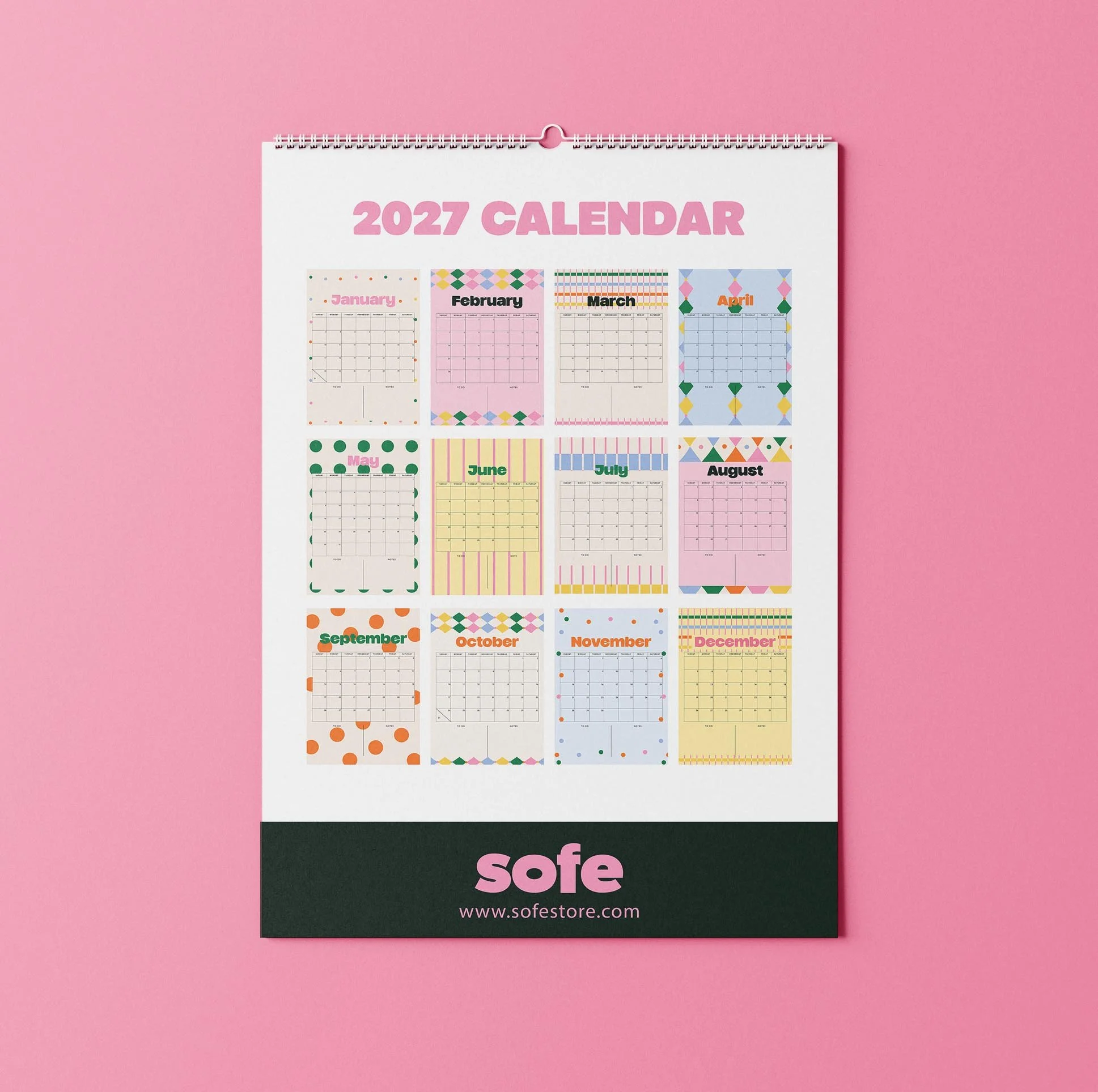 DIAMOND 2.jpgBack page of the Sofe Store 2027 wall calendar showing a mini preview of all twelve months, each with its own colourful pattern, above the Sofe Store logo and sofestore.com