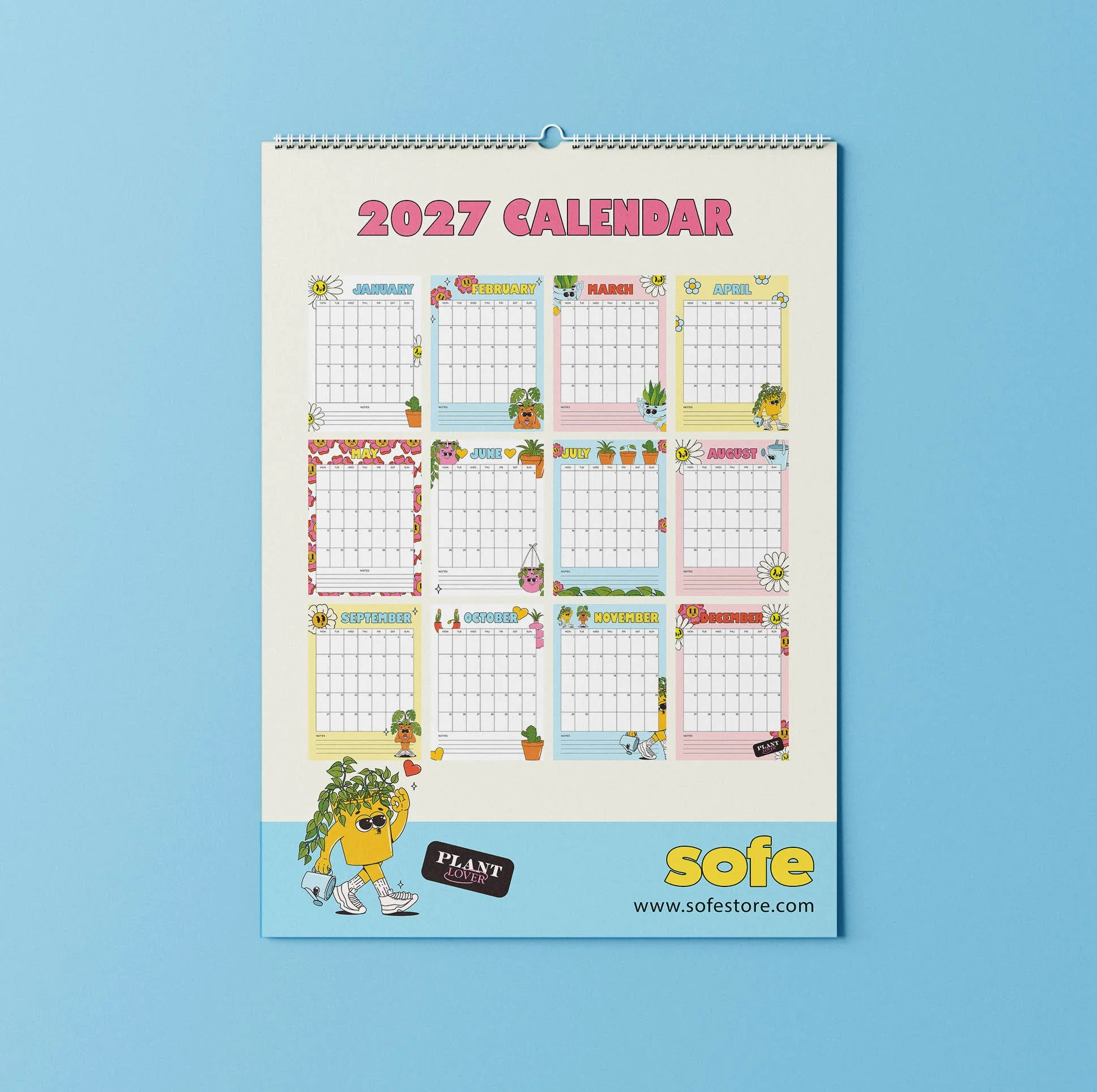 Back page of the Sofe Store 2027 wall calendar showing a mini preview of all twelve plant-themed months above a blue band with the plant pot character, “Plant Lover” label, Sofe Store logo