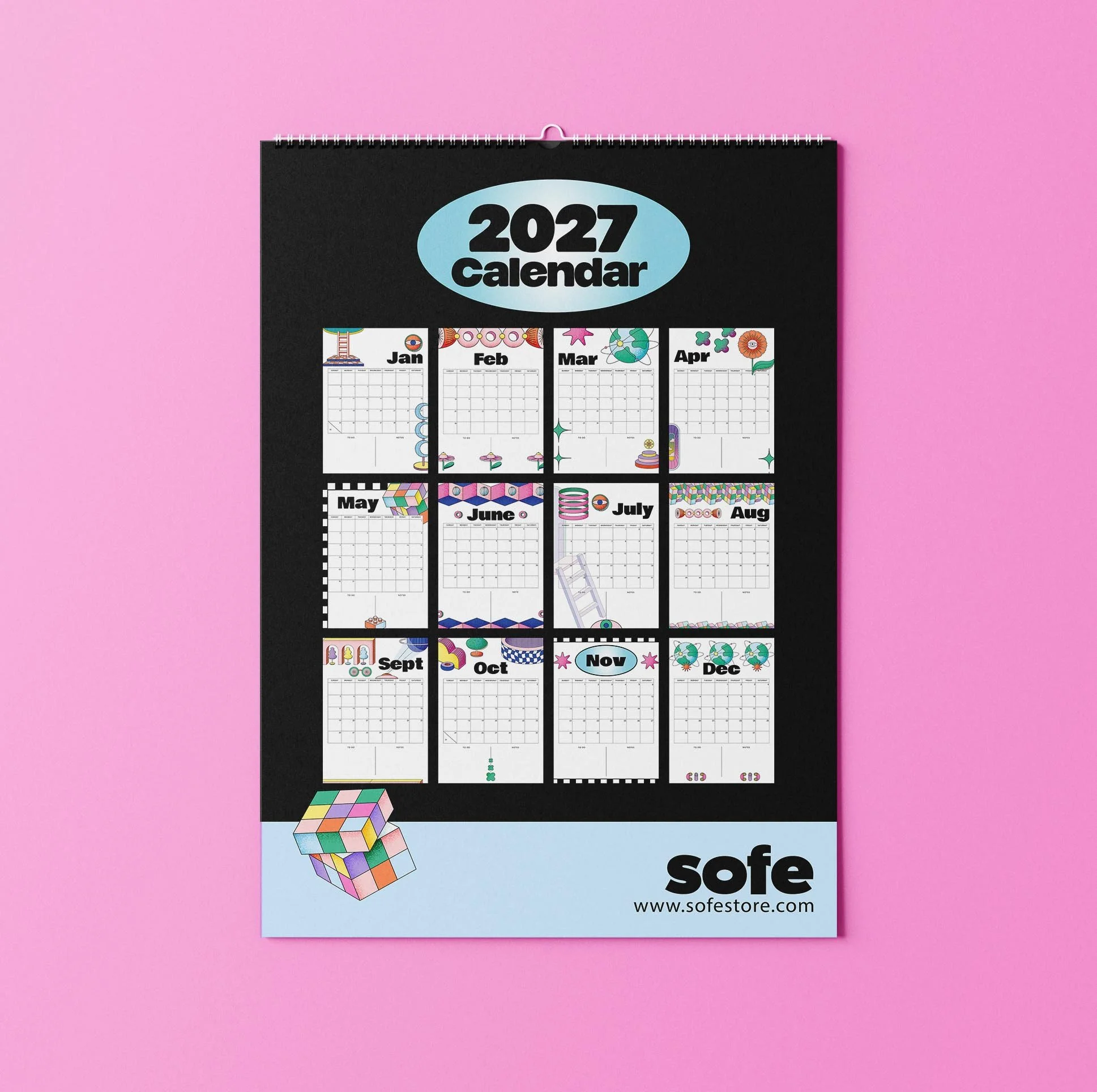Back page of the Sofe Store 2027 wall calendar showing a mini preview of all twelve illustrated months on a black background, above a pale blue band with a puzzle cube, the Sofe Store logo and website
