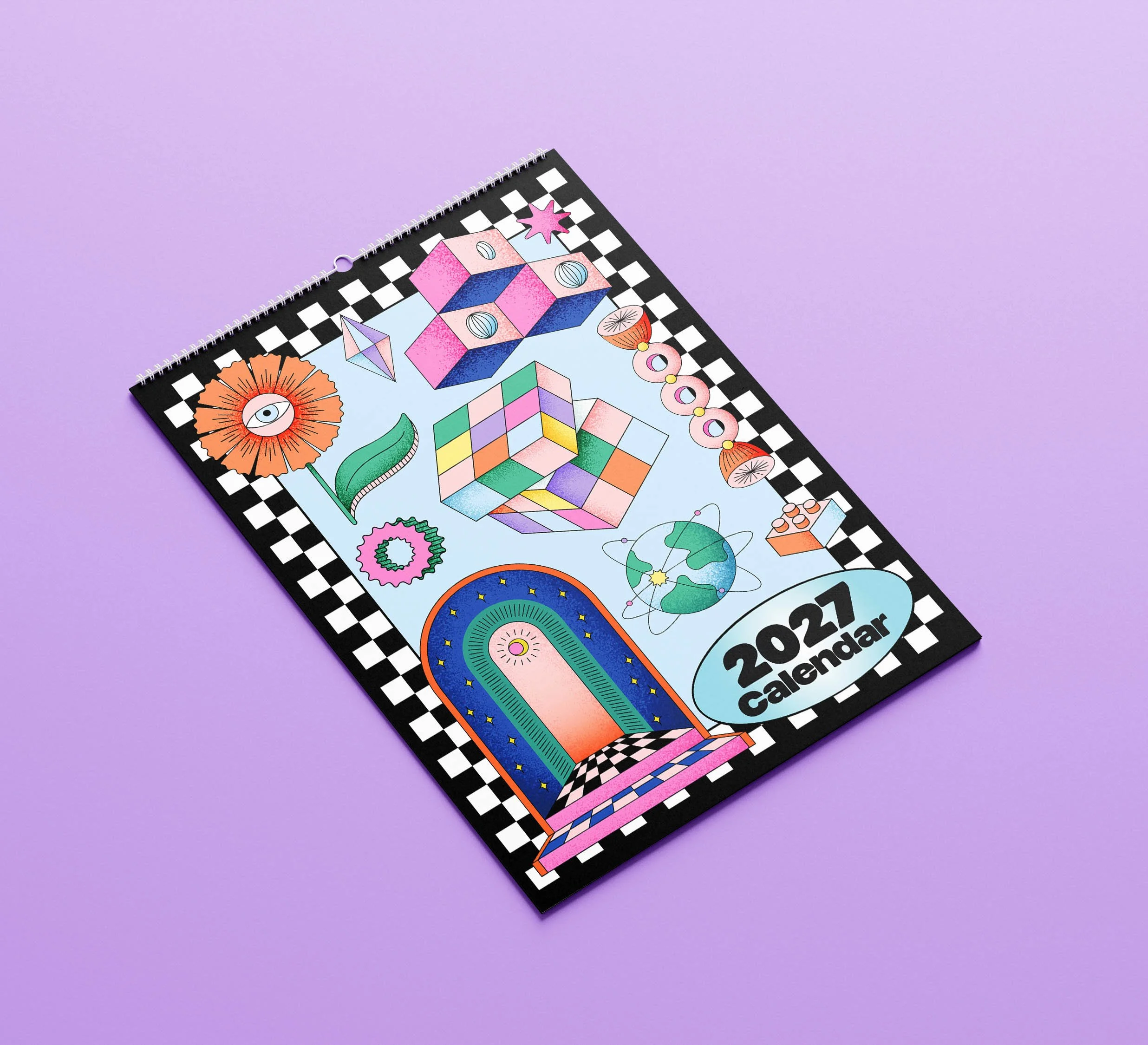 Sofe Store 2027 retro wall calendar lying at an angle on a purple background, showing a surreal collage of puzzle cubes, a globe, a flower with an eye and a starry archway