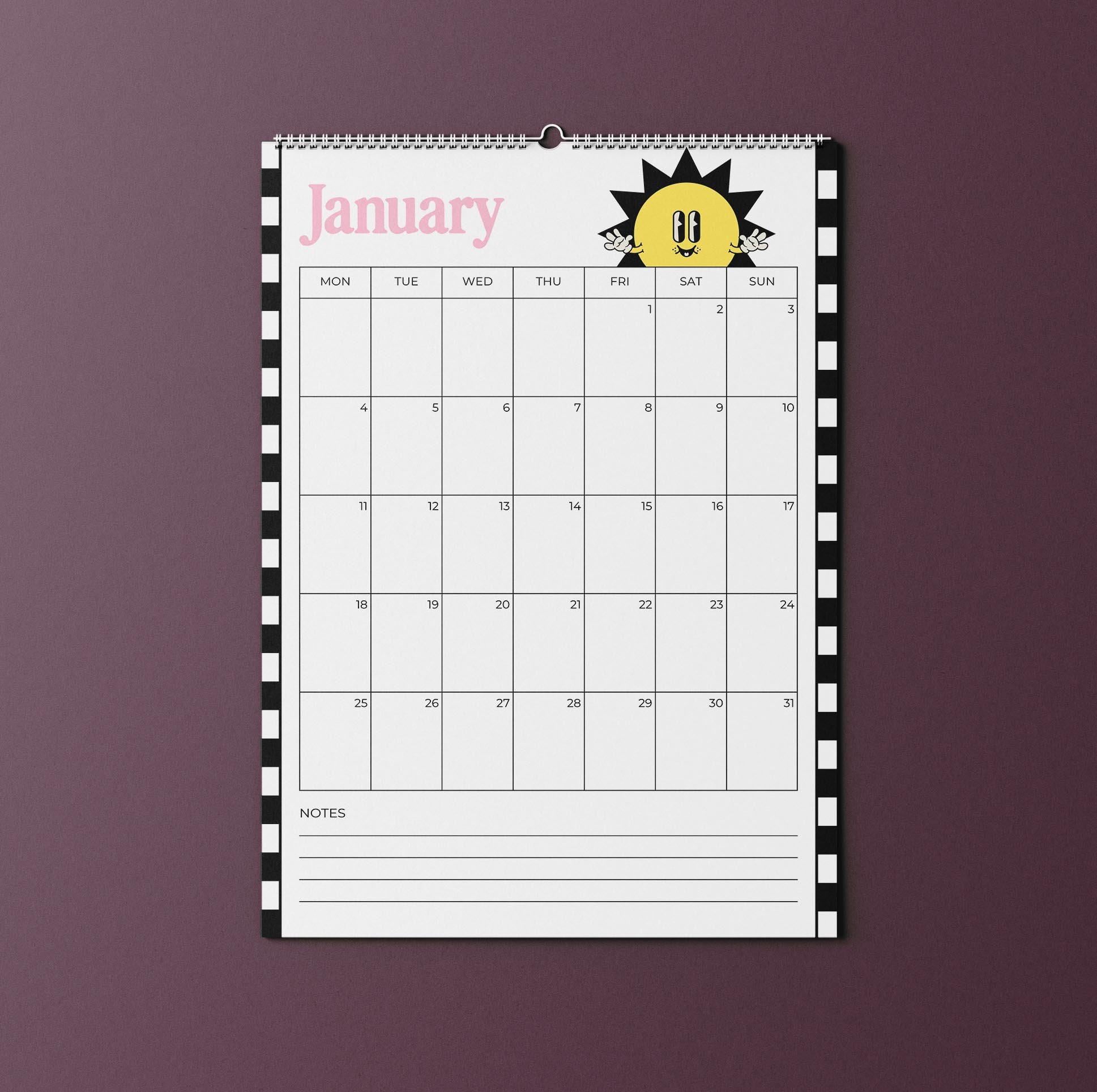 January 2027 page of the Sofe Store wall calendar with a pink “January” heading, a smiling cartoon sun peeking over a Monday-to-Sunday date grid, a checkerboard edge and a lined Notes section