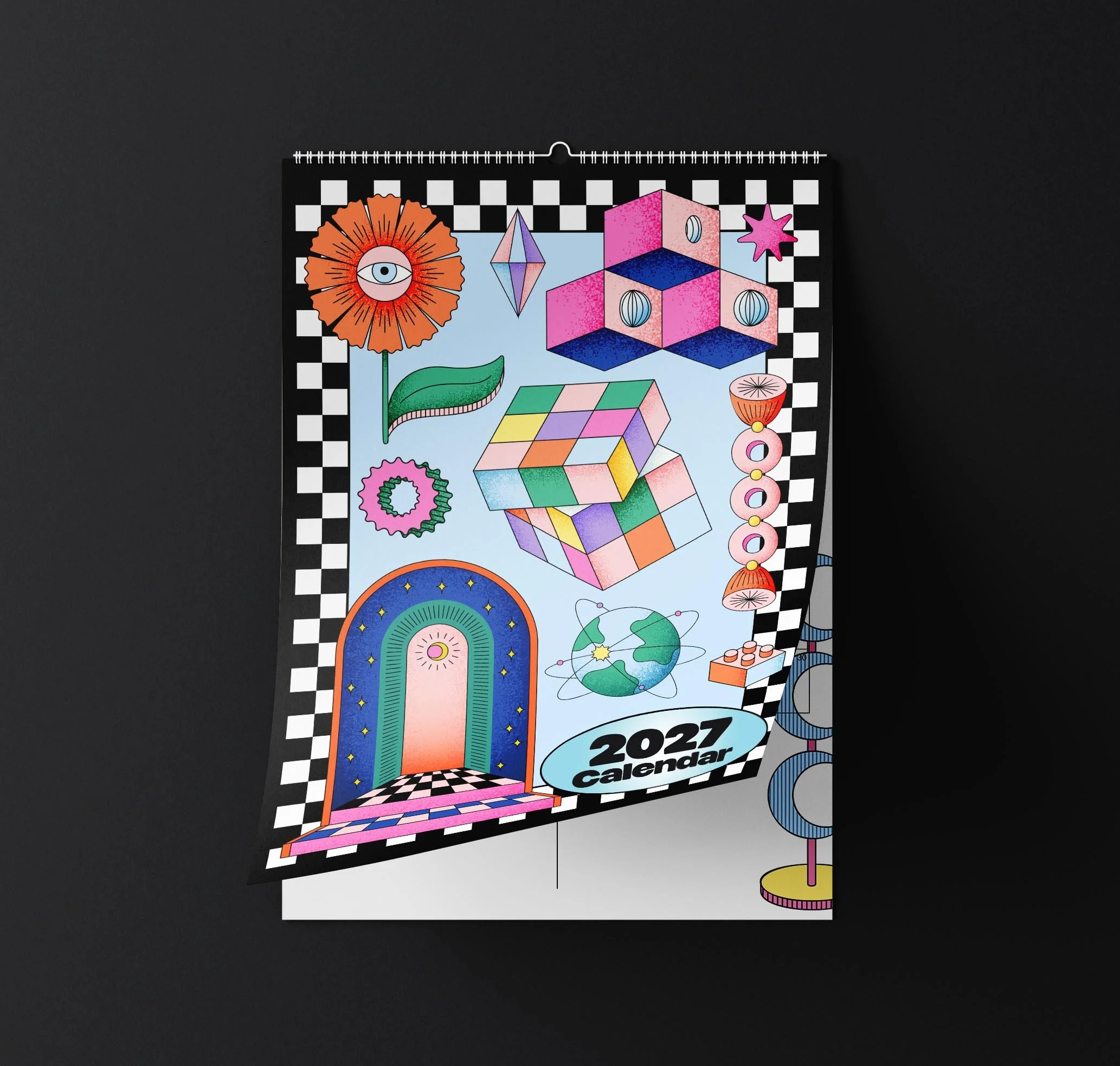 Sofe Store 2027 retro wall calendar on a black background with the checkerboard cover page curling up to reveal the monthly planner page beneath