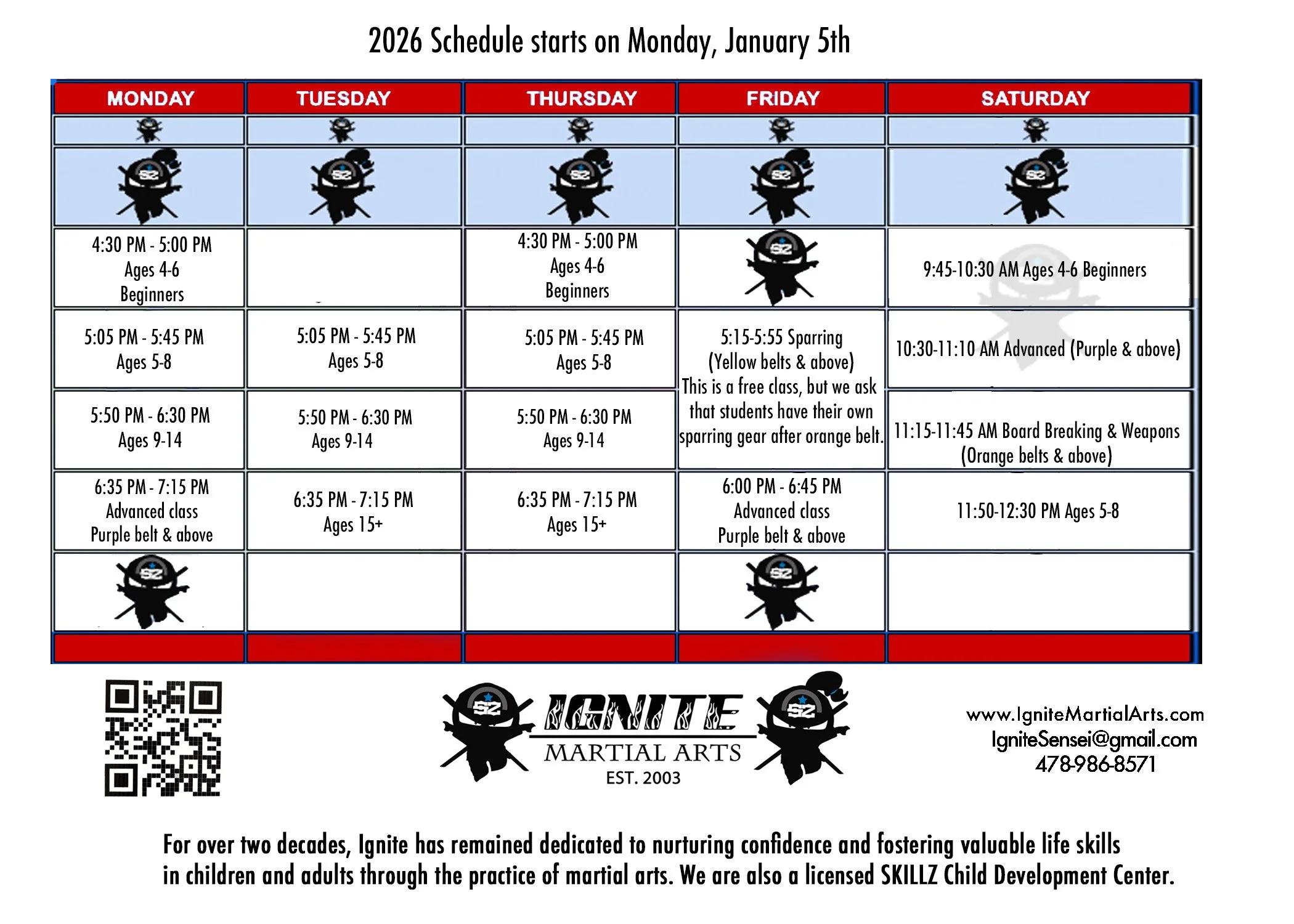 Martial arts class schedule for Ignite Martial Arts starting January 5th, 2026, with classes for different age groups from 4 years old to adults, including times for beginners, advanced classes, sparring, and board-breaking, along with the Ignite Martial Arts logo, QR code, and contact information.