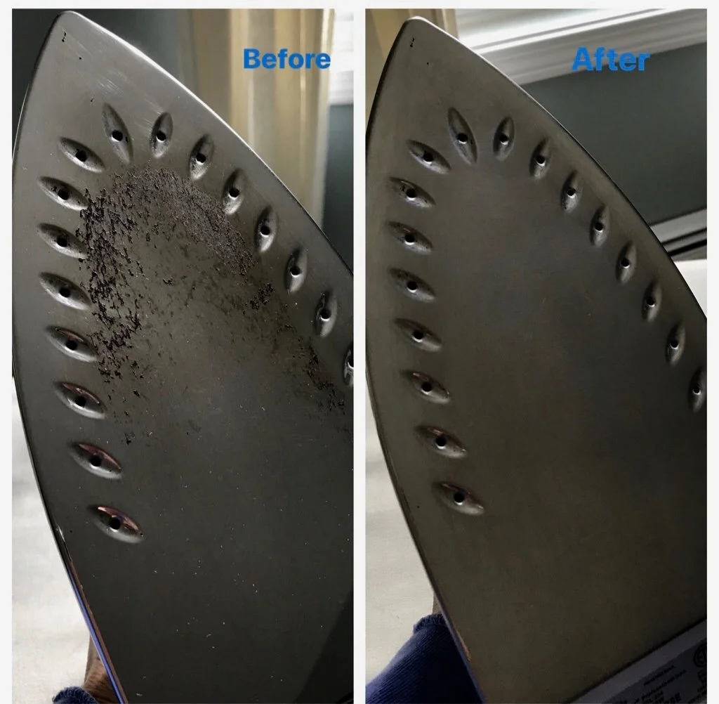 Comparison of an iron soleplate before and after cleaning, with the 'before' side showing accumulated dirt and grime and the 'after' side appearing clean.