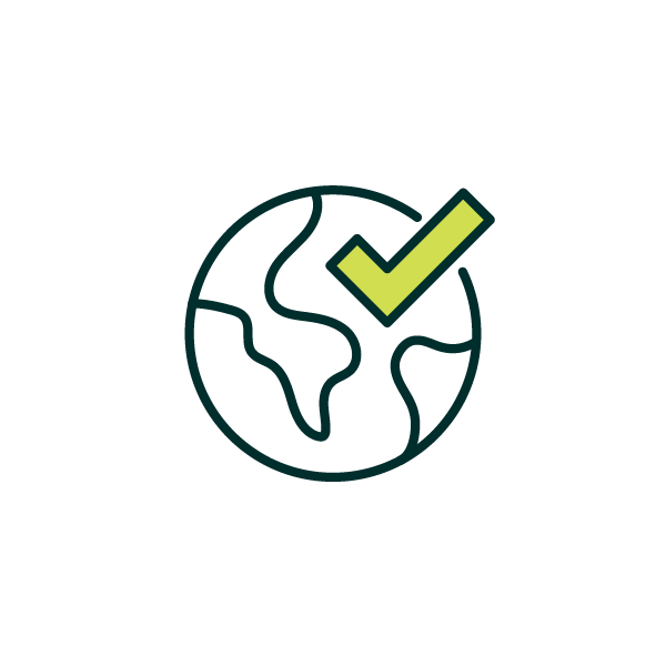 Icon of the Earth with a green checkmark.
