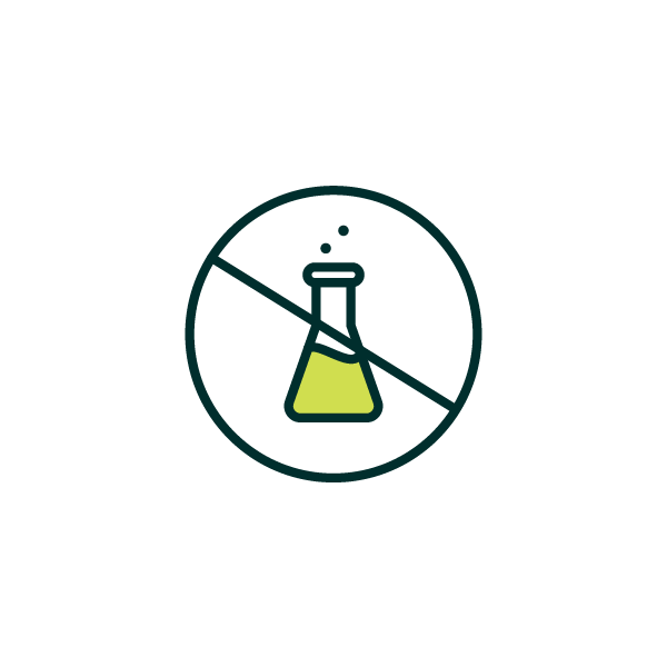 A circular icon with a crossed-out test tube containing a yellowish liquid, indicating no chemicals or chemicals-free.