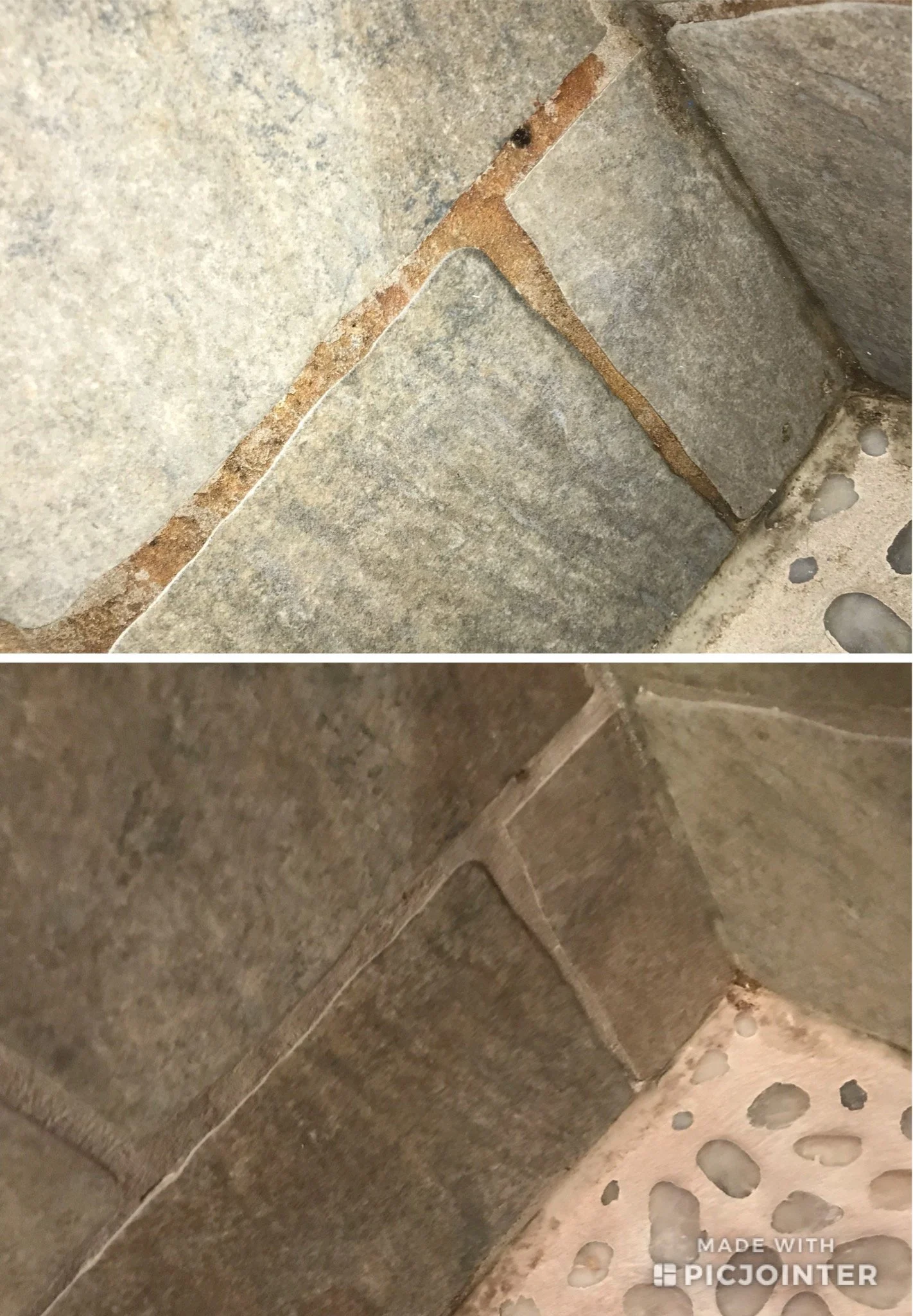 Close-up of bathroom tiles showing a crack, with grime and dirt in the corner and around the edges.